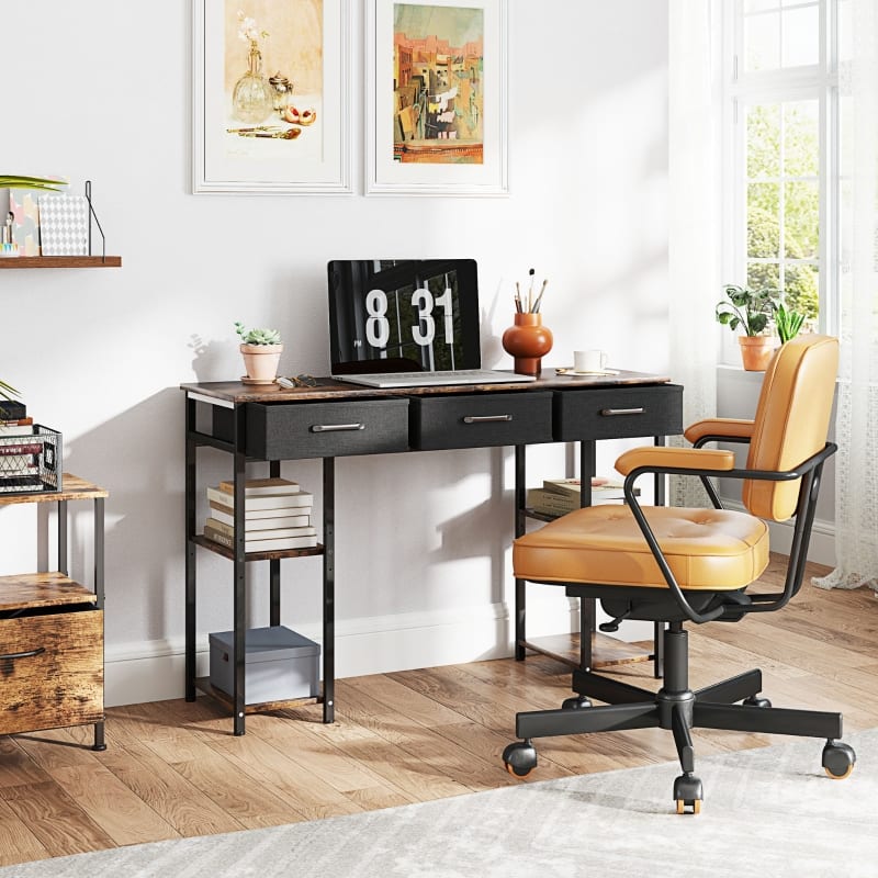 Anysun - 47" Small Computer Desk with Fabric Drawers & Adjustable Shelves, Space-Saving Home Office Writing Desk - Rustic Brown