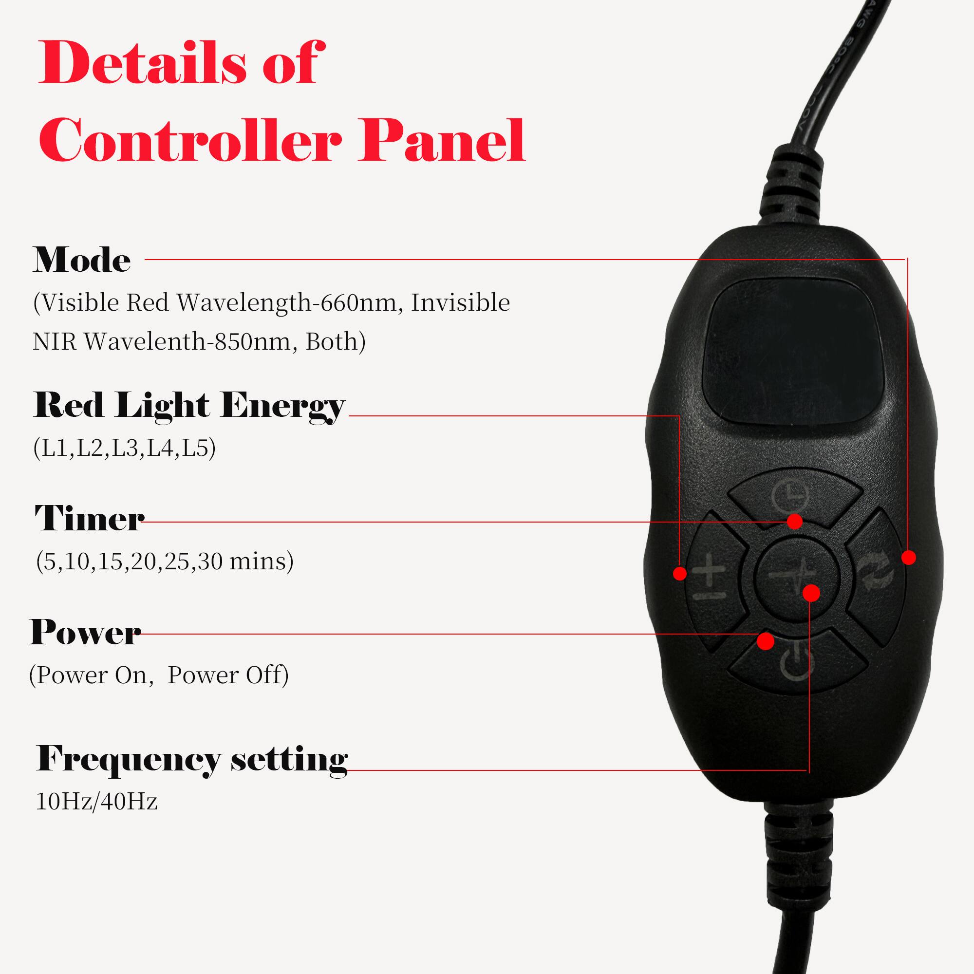 Details of Controller Panel

Mode  
(Visible Red Wavelength-660nm, Invisible NIR Wavelength-850nm, Both)

Red Light Energy  
(L1, L2, L3, L4, L5)

Timer  
(5, 10, 15, 20, 25, 30 mins)

Power  
(Power On, Power Off)

Frequency setting  
10Hz/40Hz