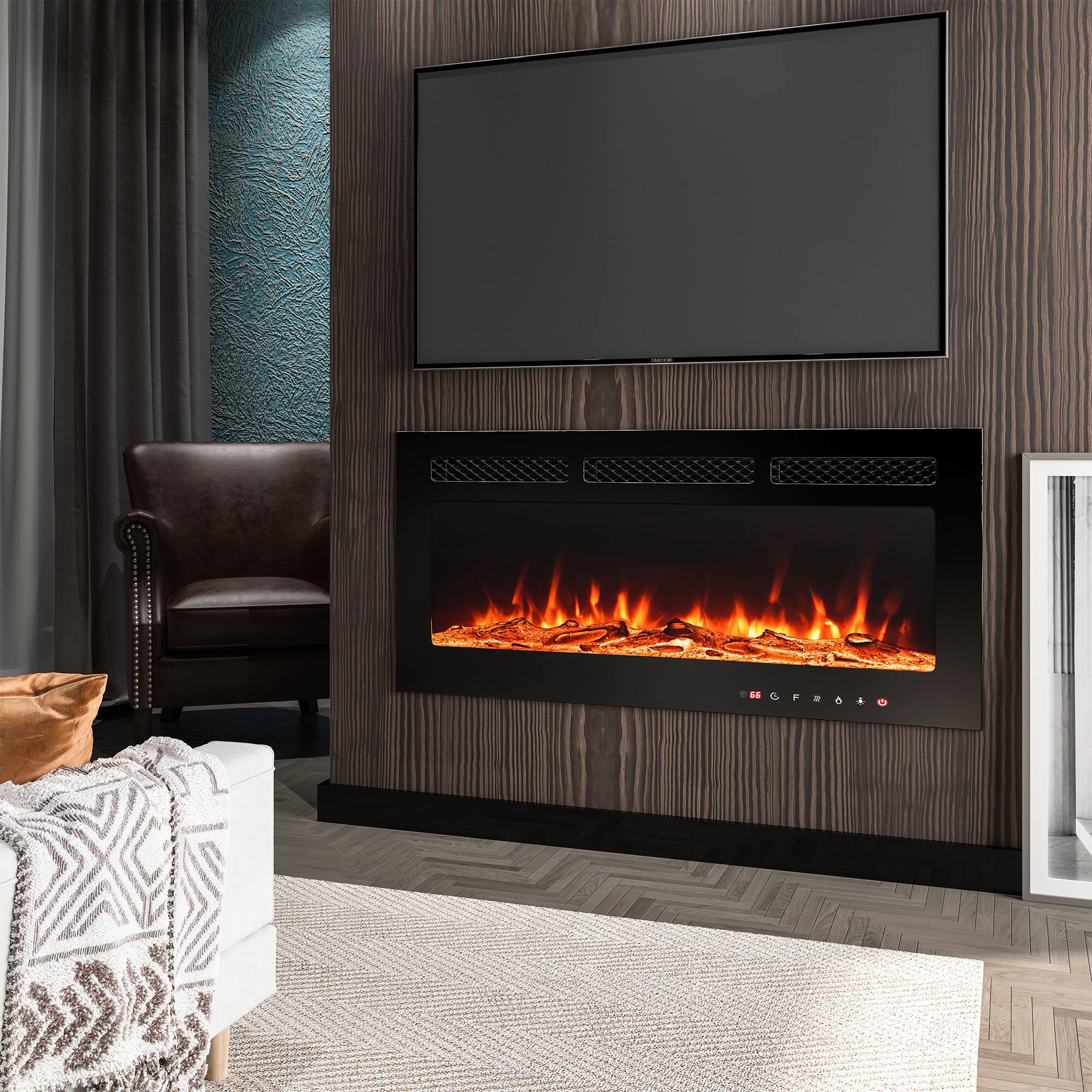 Angle. Mondawe - 36" LED Recessed Electric Fireplace with 3 Light Colors Adjustable Heating and Touch Screen Control - Black.