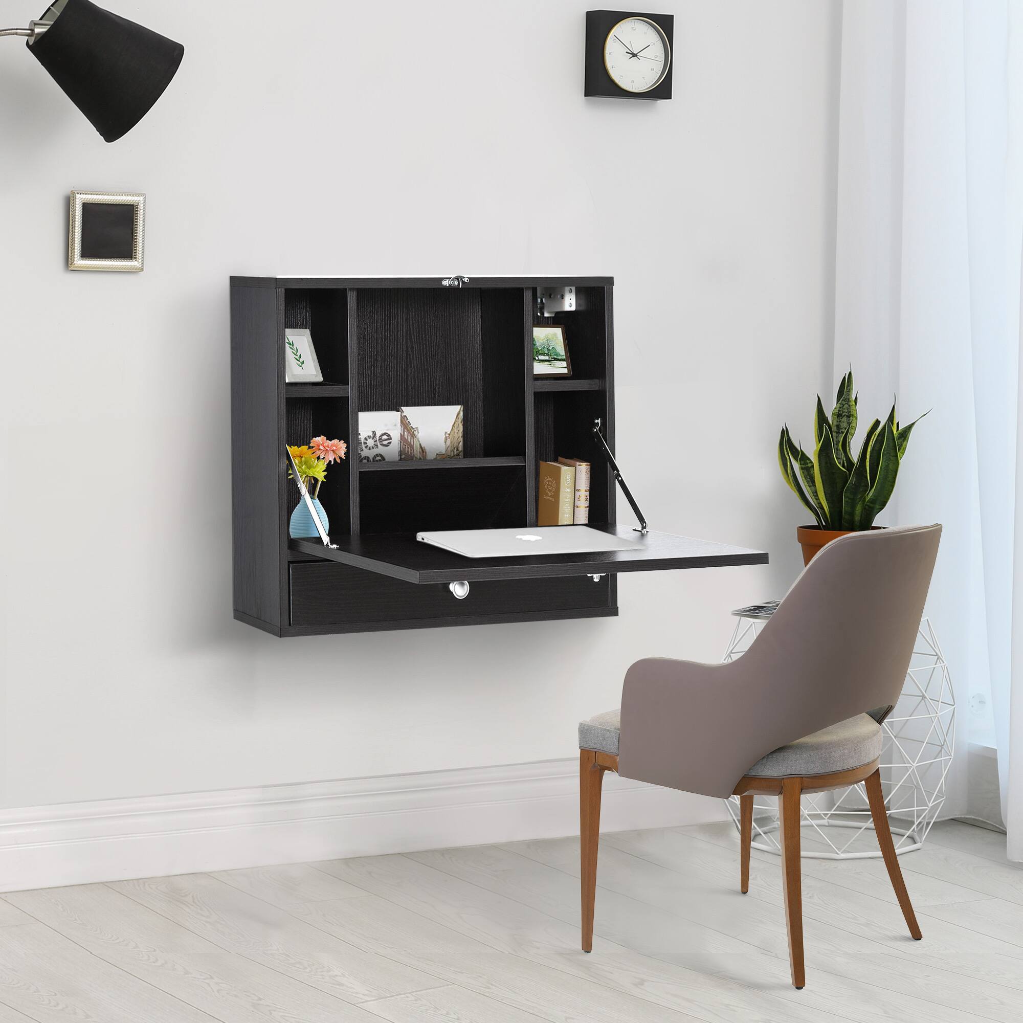 Alt View 1. Homcom - Wall Mounted Desk with Storage Shelves, Floating Foldable Tabletop, 23.5x6x19.75 Inch - Black.
