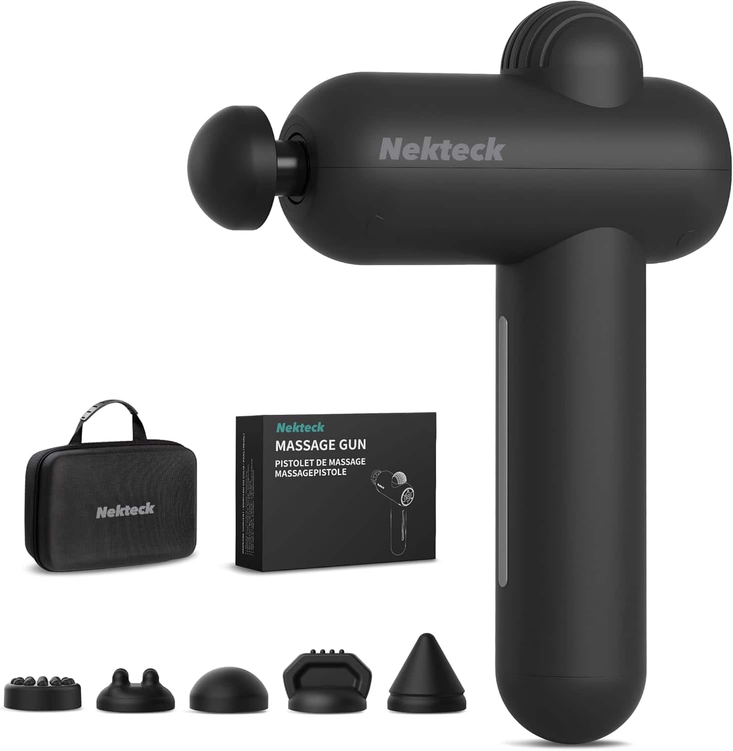 Nekteck - Deep Tissue Massage Gun - 12mm Amplitude, 30 Speeds, 5 Heads, USB-C Rechargeable, Quiet & Portable for Home Offi - Black