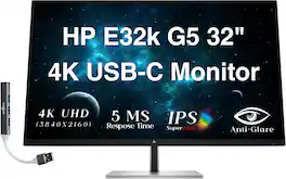 HP - E32k G5 32" 4K USB-C Monitor with 5ms Response Time, Anti Glare, Flicker Free, VESA Mount (100mm) w/DKZ Hub