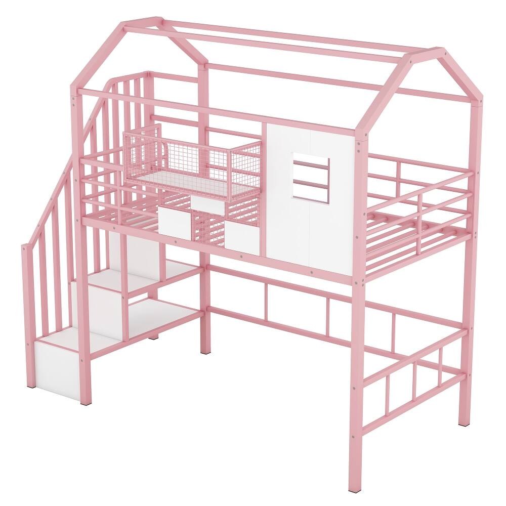 Alt View 6. Loheer - Loheer Metal Loft Bed Twin Size Pink House Bed with Storage - Pink.