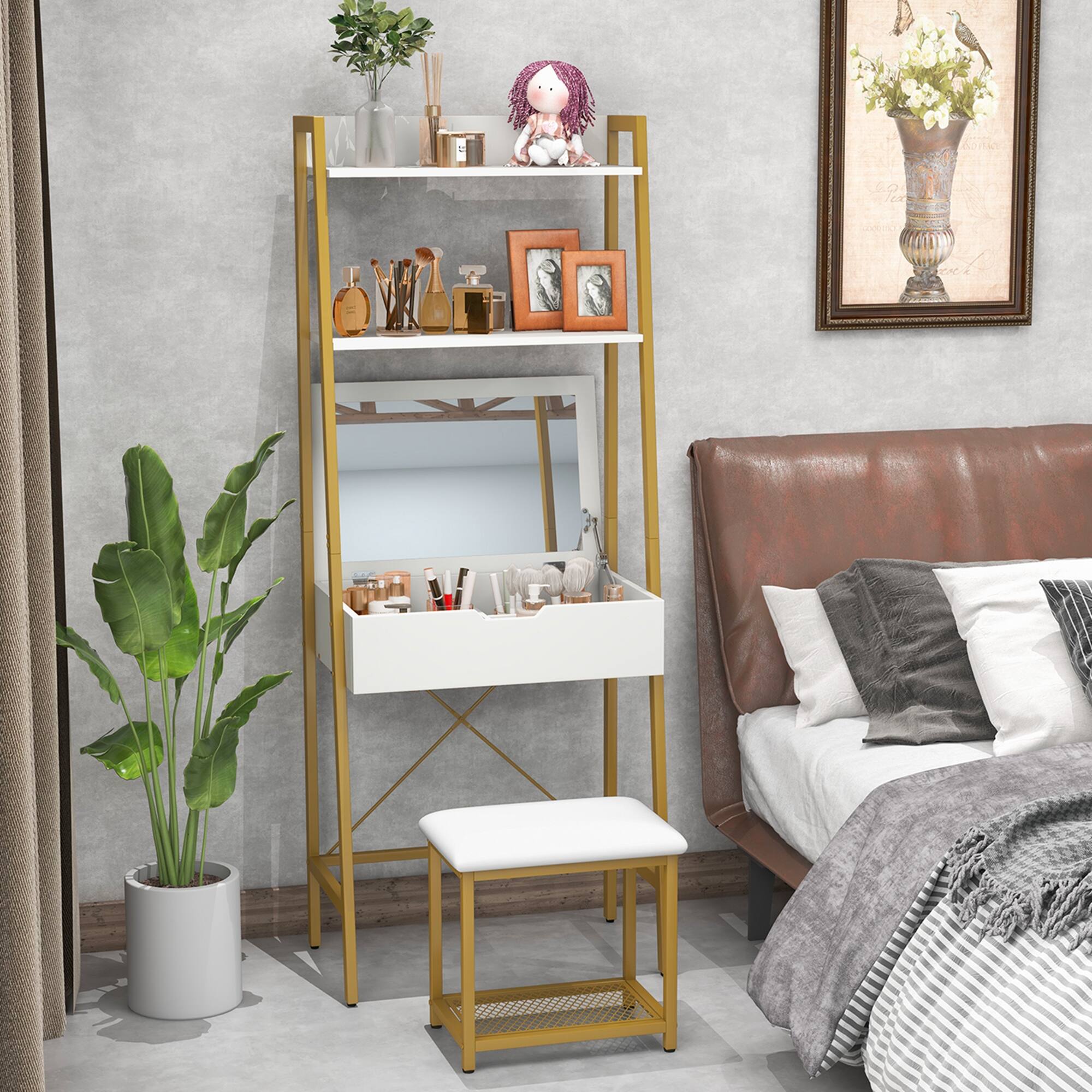 Alt View 1. Costway - Costway Vanity Table Set Flip Top Mirror Ladder Storage Shelf Cushioned Stool - Gold,White.