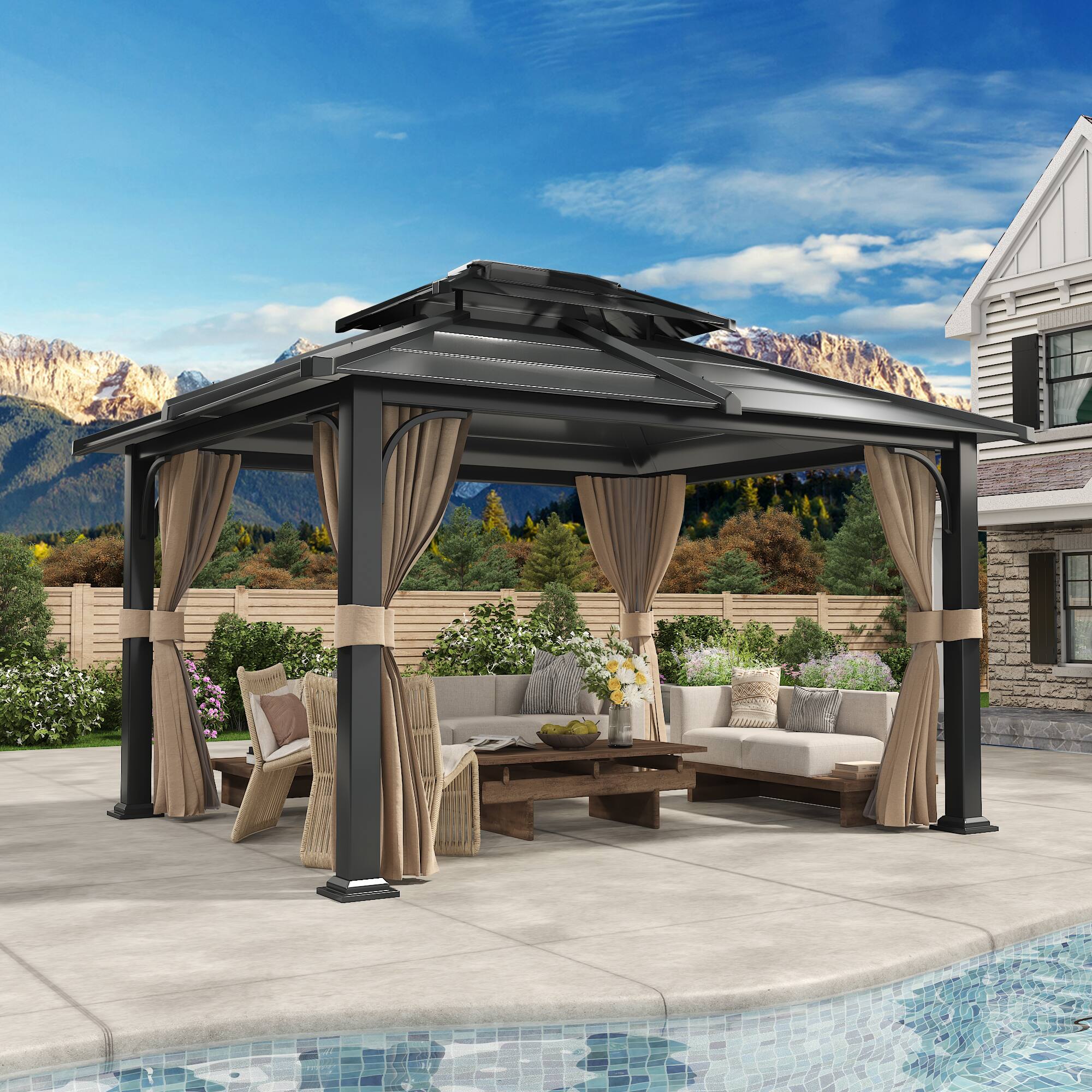 U-HOMY - Anti-Rust Iron Hardtop Gazebo | All-Weather Enclosed Sun Shelter - 12' x 14'