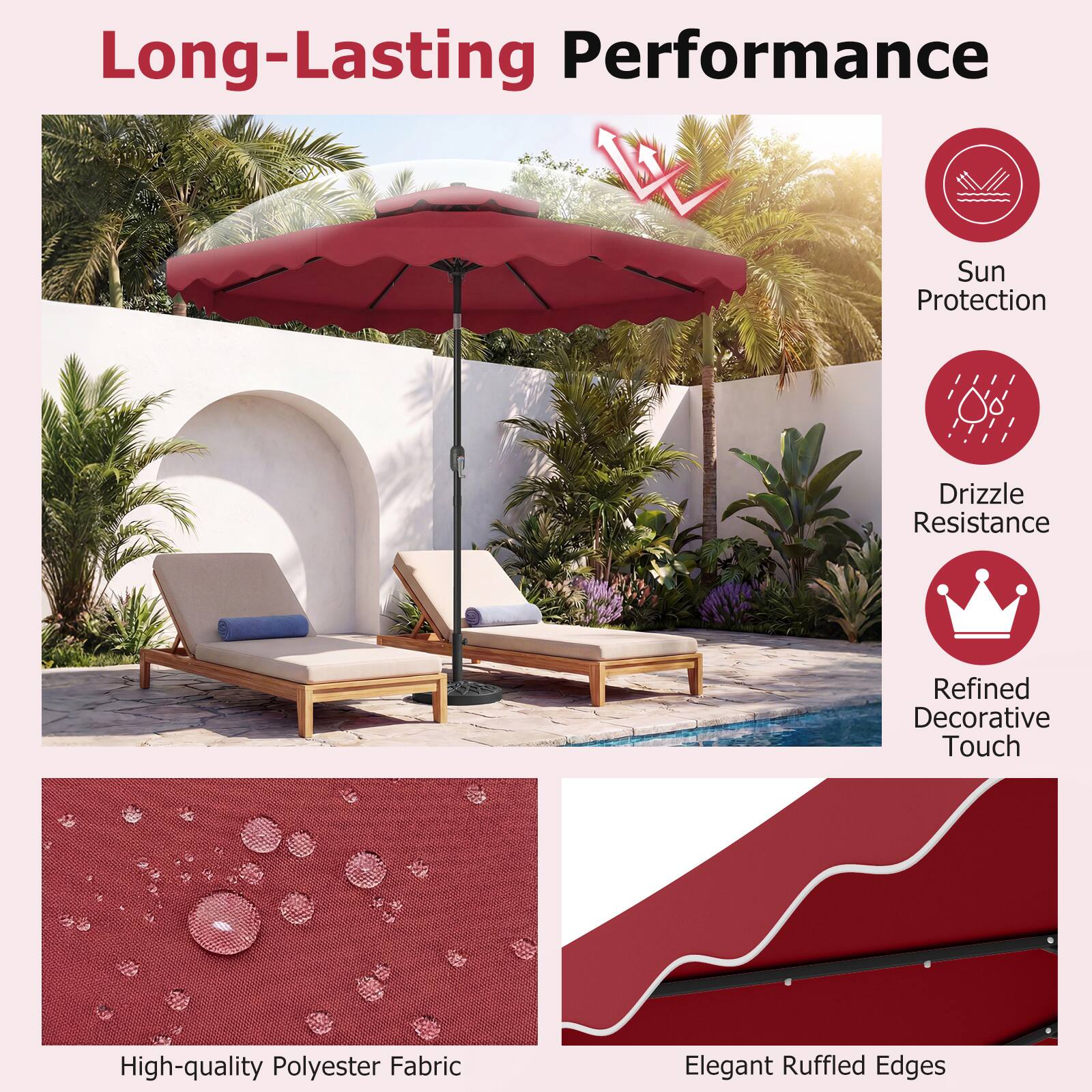 Long-Lasting Performance  
- Sun Protection  
- Drizzle Resistance  
- Refined Decorative Touch  
- High-quality Polyester Fabric  
- Elegant Ruffled Edges