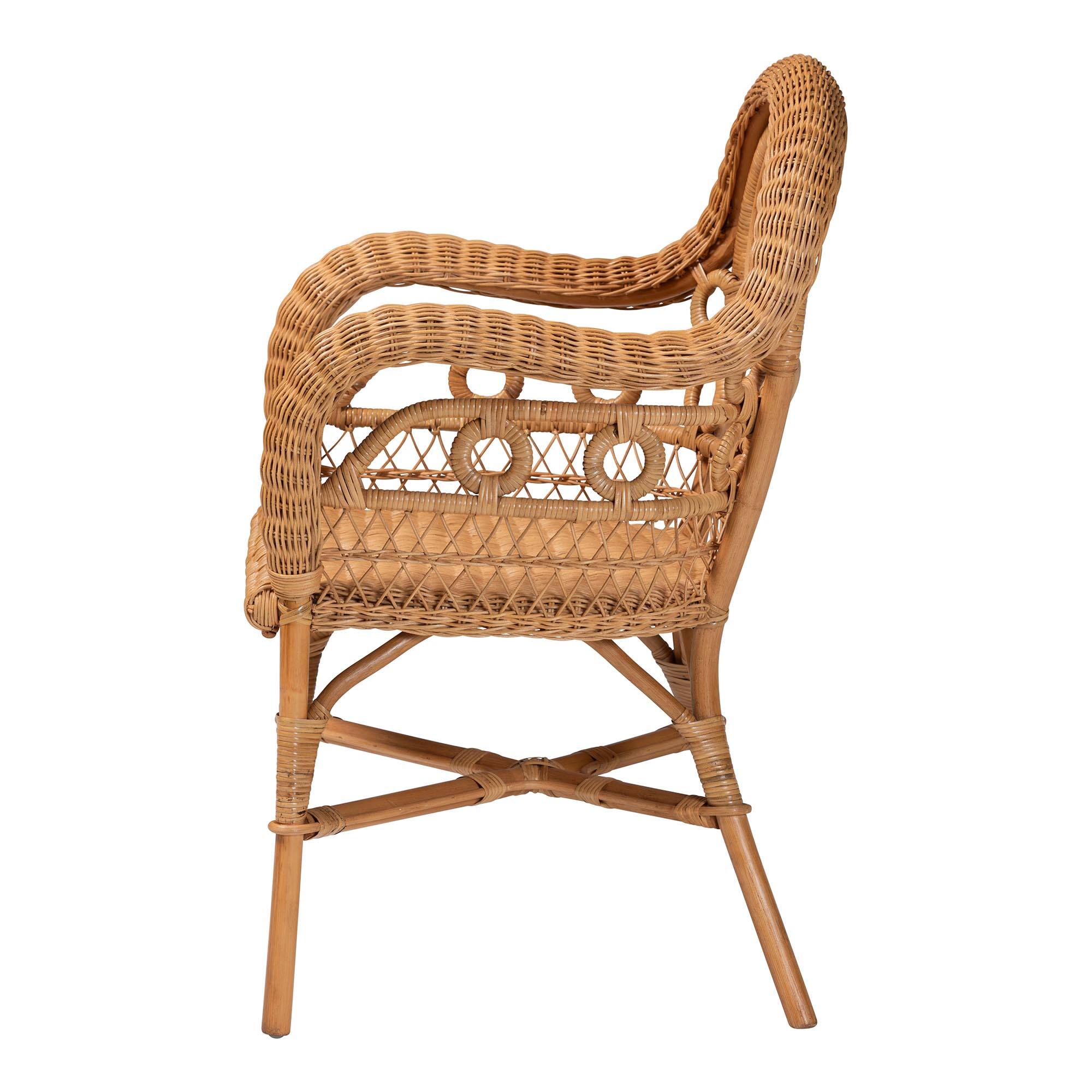 Left. bali & pari - Abigale Natural Rattan Dining Chair - Handwoven Wicker Accent Chair with Arms and Openwork Frame - Light Honey.