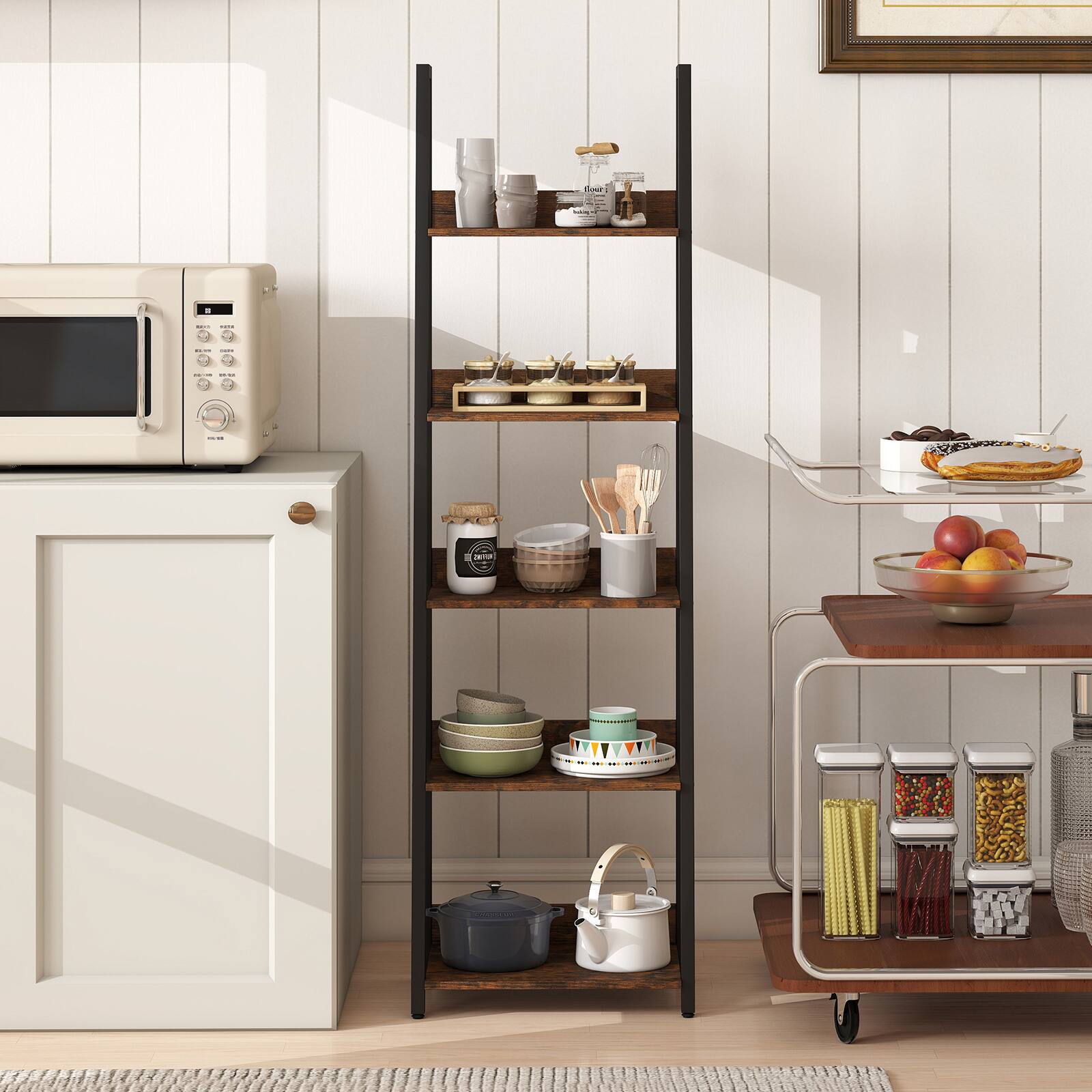 Alt View 3. Costway - Costway 2 Pcs Ladder Bookshelf,Industrial Freestanding Bookcase with Removable Fabric Drawer - Rustic Brown.
