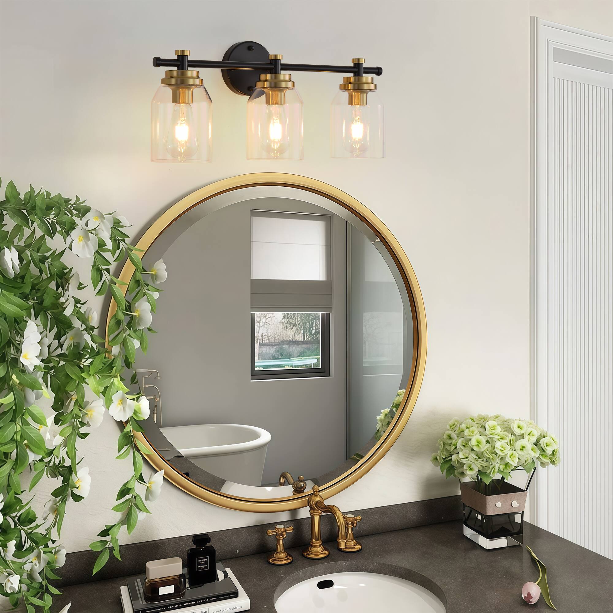 Angle. RYHNUYNE - 3-Light Bathroom Light Fixtures Black and Gold Modern Vanity Lights with Clear Glass Shades Bathroom Wall Lamp - Black.