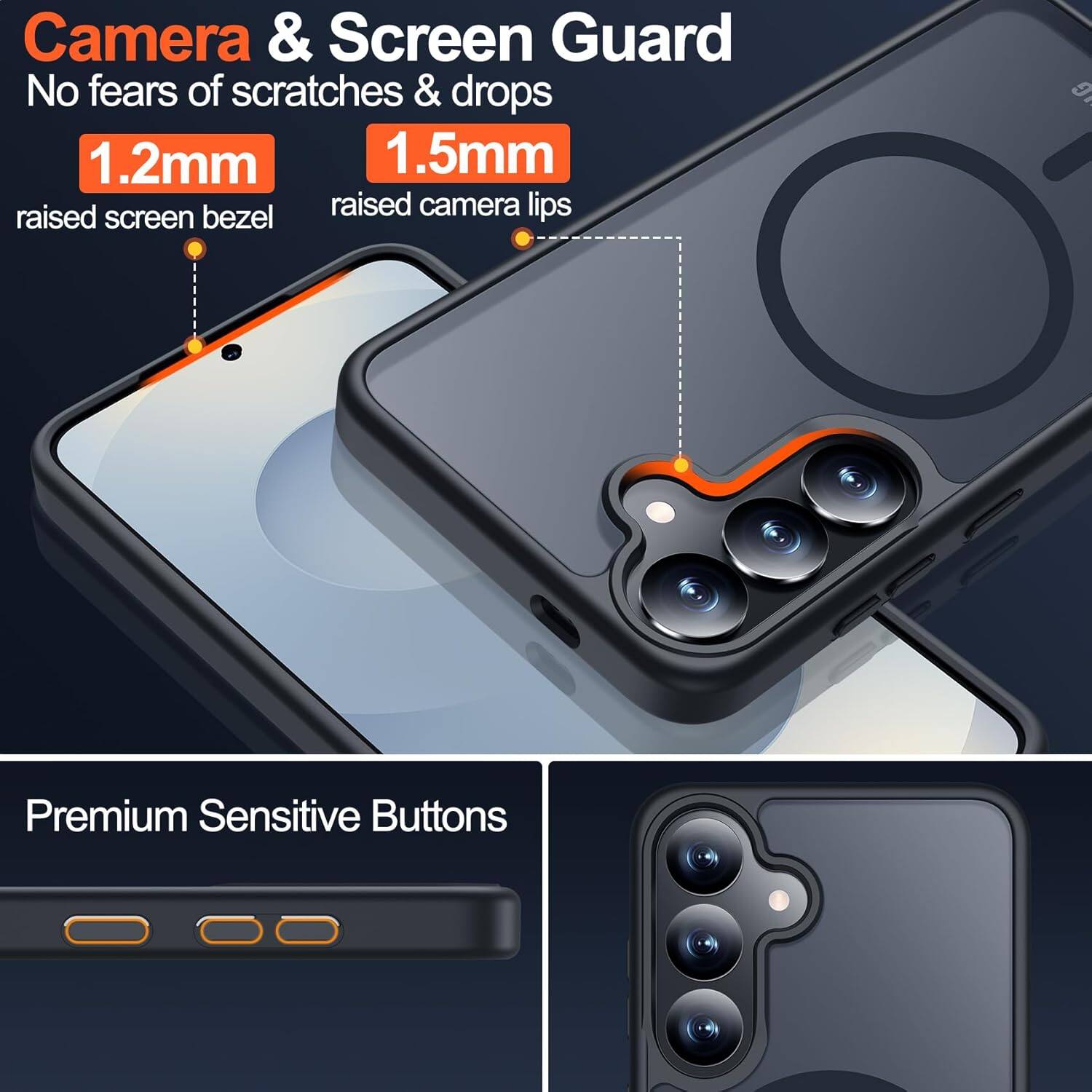 Camera & Screen Guard
No fears of scratches & drops
1.2mm raised screen bezel
1.5mm raised camera lips
Premium Sensitive Buttons