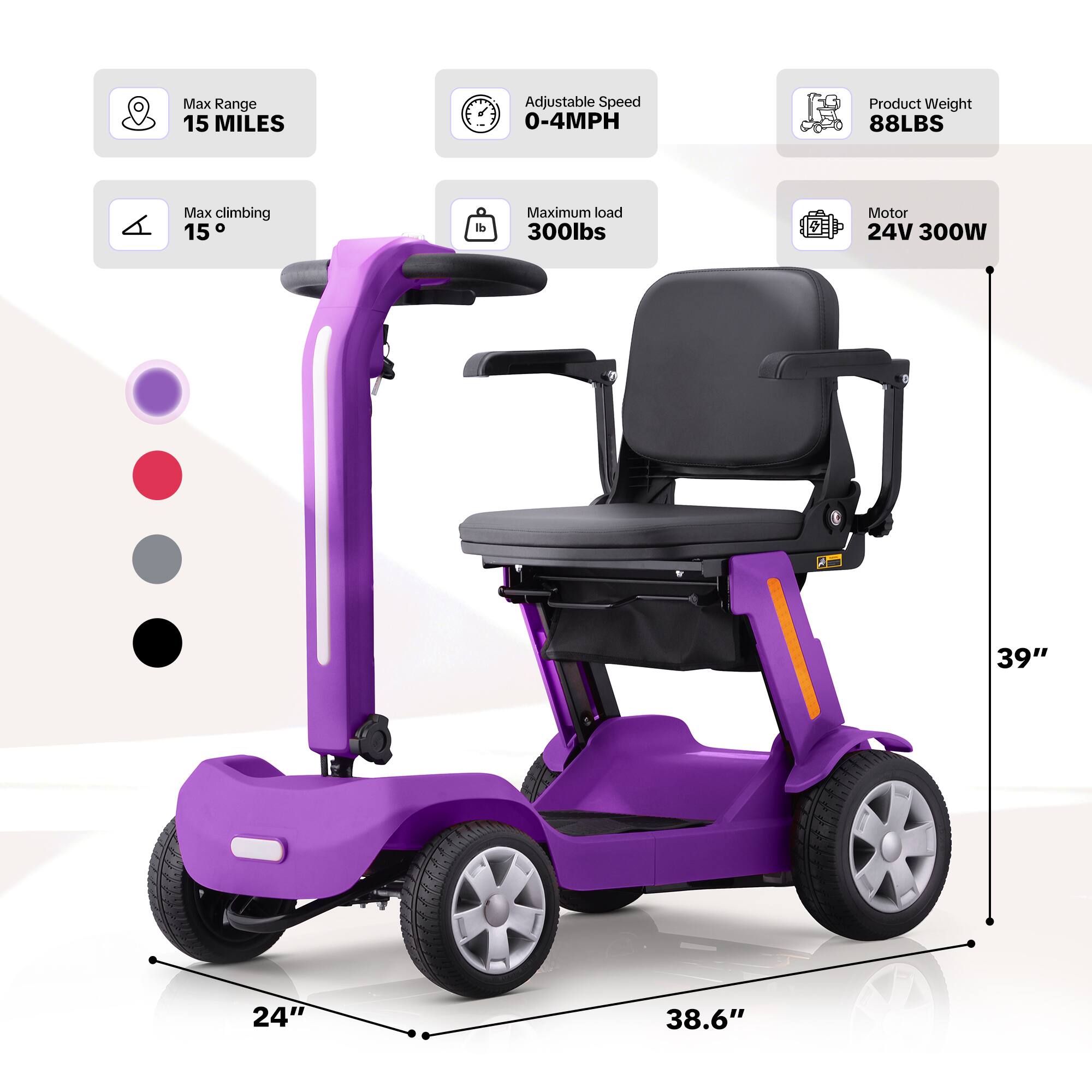 Max Range: 15 MILES  
Adjustable Speed: 0-4MPH  
Product Weight: 88LBS  
Max climbing: 15°  
Maximum load: 300lbs  
Motor: 24V 300W  
Dimensions: 39" x 24" x 38.6"