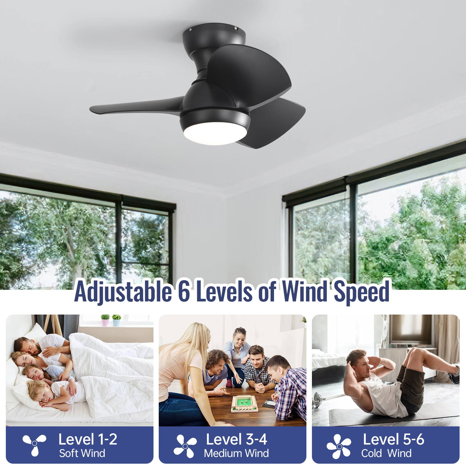 Adjustable 6 Levels of Wind Speed

Level 1-2  
Soft Wind

Level 3-4  
Medium Wind

Level 5-6  
Cold Wind