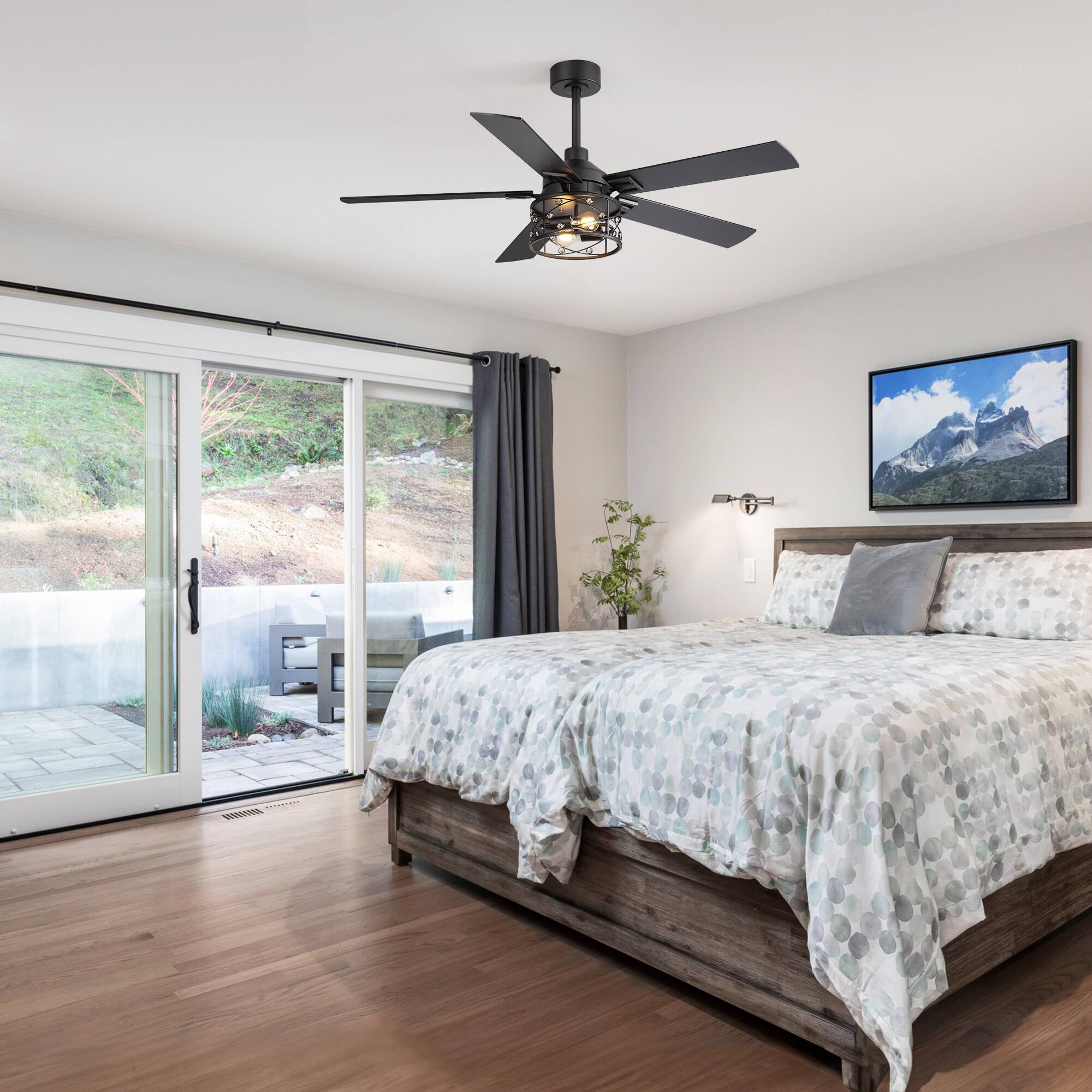 Back. Breezary - 52-In Ceiling Fan with Crystal Light Fixture, 5 Reversible Plywood Blades, DC Motor, Remote Control, Includes 2 Downrods - matte black and walnut.