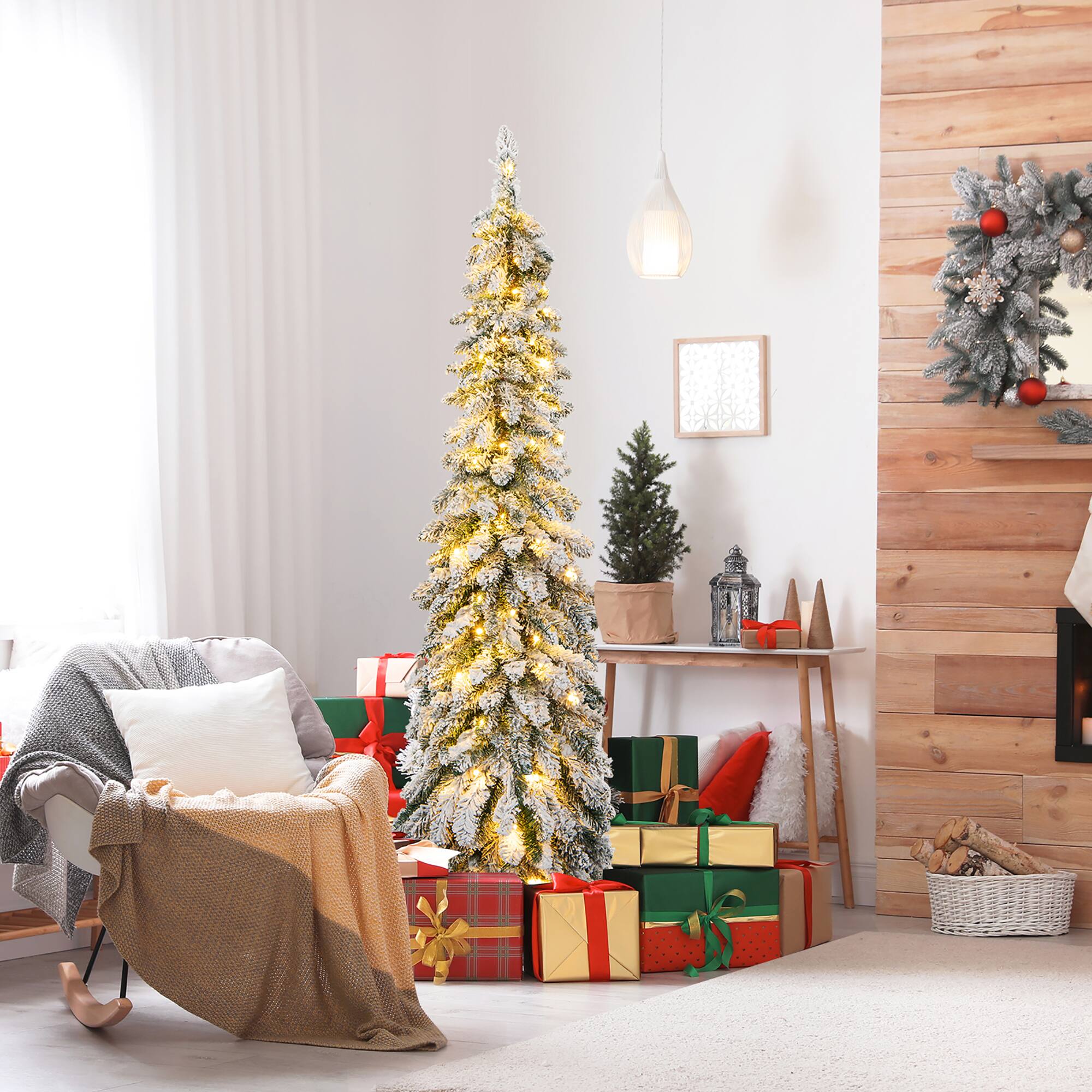 Alt View 1. Gymax - Gymax 5 FT Pre-Lit Artificial Christmas Tree Snow-Flocked Slim Pencil Christmas Tree - Green, White.