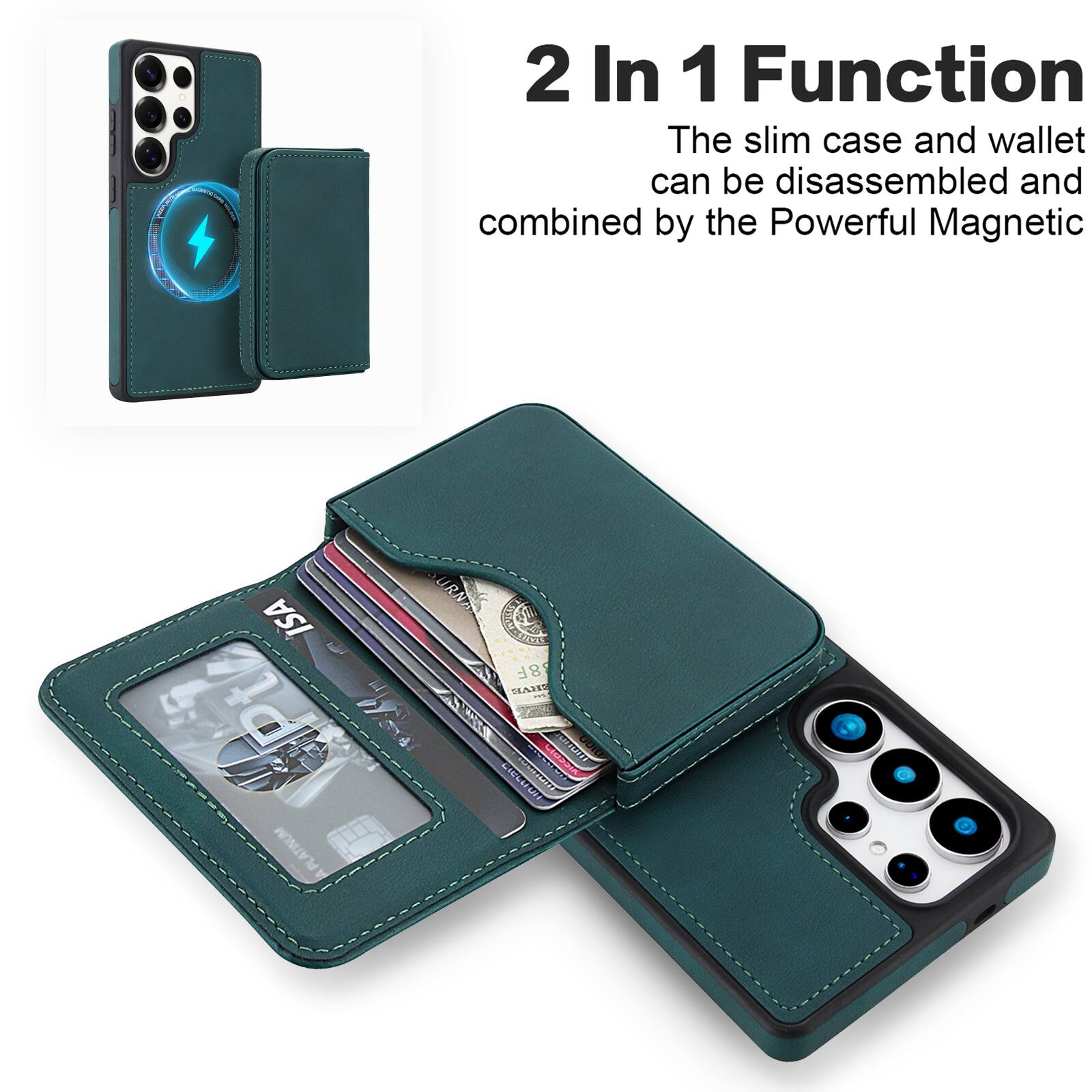 2 In 1 Function  
The slim case and wallet can be disassembled and combined by the Powerful Magnetic