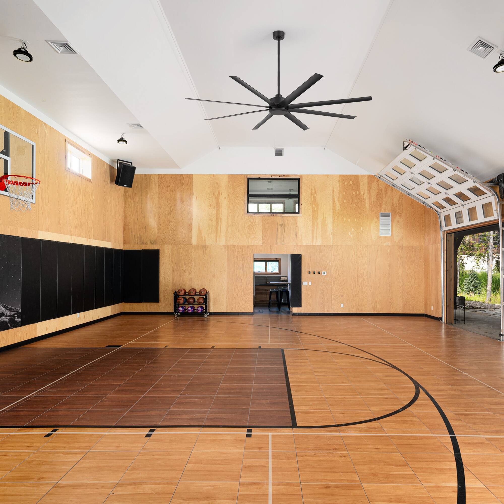 Alt View 1. Breezary - 84-in Large Ceiling Fan with 8 ABS Blades, 6-Speed DC Motor, Remote Control, 3 Downrods with Timer, Optional Light Kit - Matte Black (Without Light).