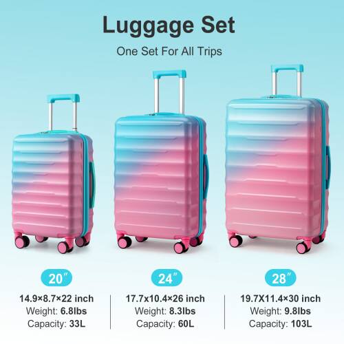 Luggage Set  
One Set For All Trips  

20"  
14.9x8.7x22 inch  
Weight: 6.8lbs  
Capacity: 33L  

24"  
17.7x10.4x26 inch  
Weight: 8.3lbs  
Capacity: 60L  

28"  
19.7x11.4x30 inch  
Weight: 9.8lbs  
Capacity: 103L
