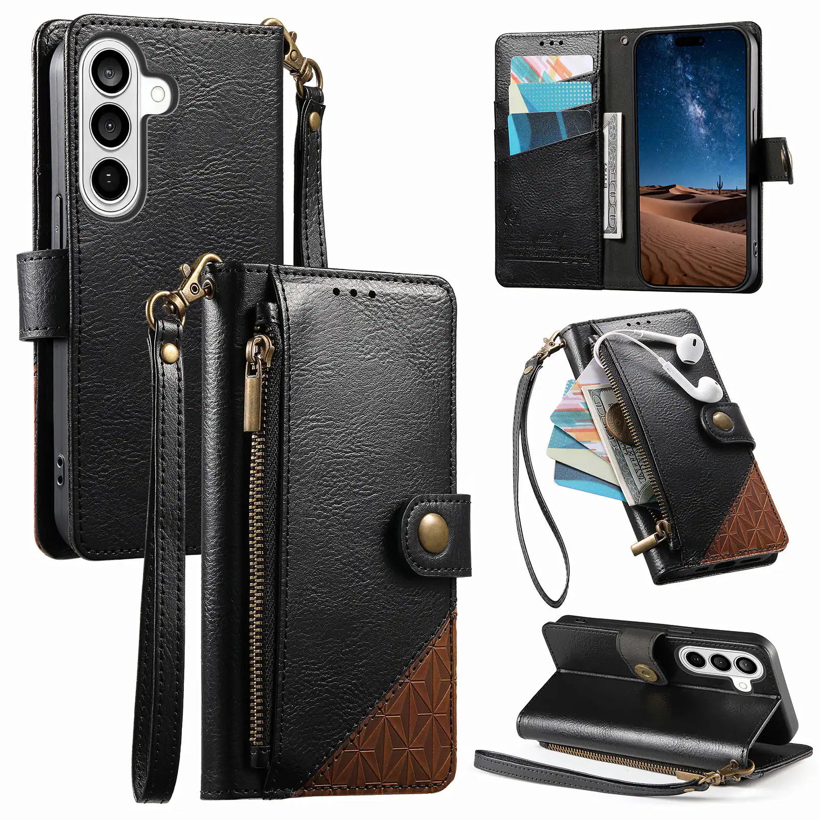 Front. Dteck - For Samsung Galaxy S26 Wallet Case Business Shockproof PU Leather Flip Kickstand Zipper Card Pocket Cover+Strap - Black.