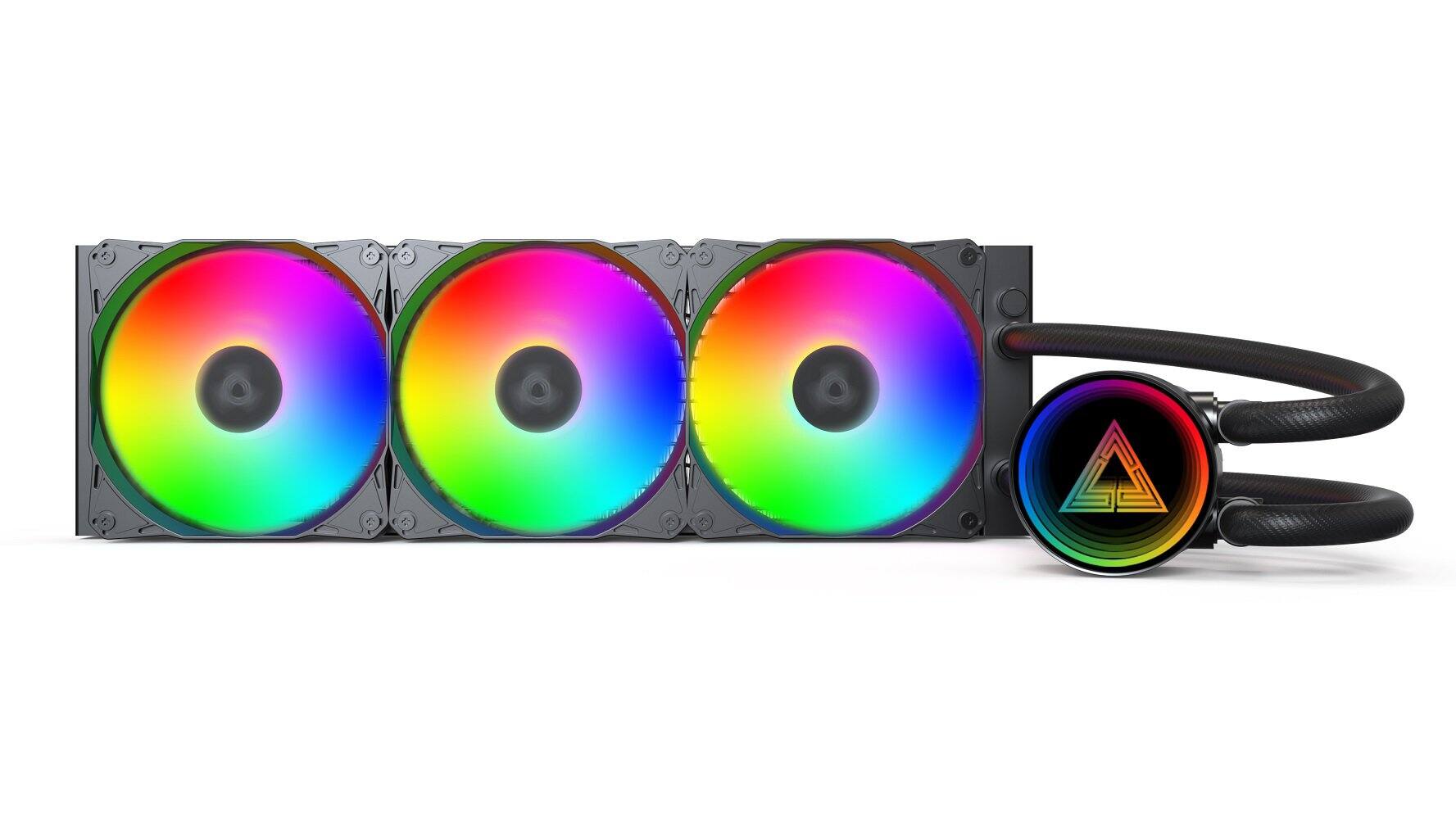 Left. Montech - LightFlow ARGB 360 CPU Liquid Cooler, 360mm AIO with Infinity Mirror Design, 3100RPM Pump, 3x120mm ARGB Fans - Black.