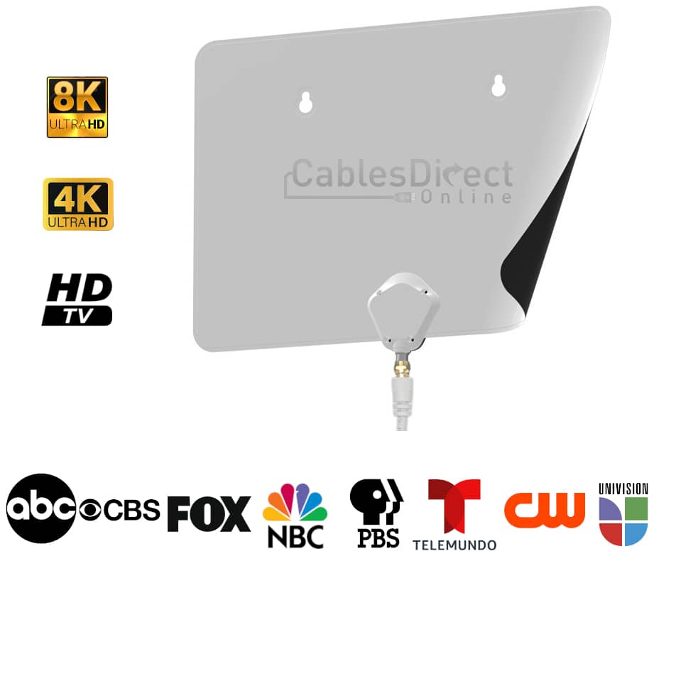 Cables Direct Online - Indoor Digital HDTV Antenna 8K/4K/1080p Support Superior Reception Range Multi Directional Reversible 75ft Cable - Black/White