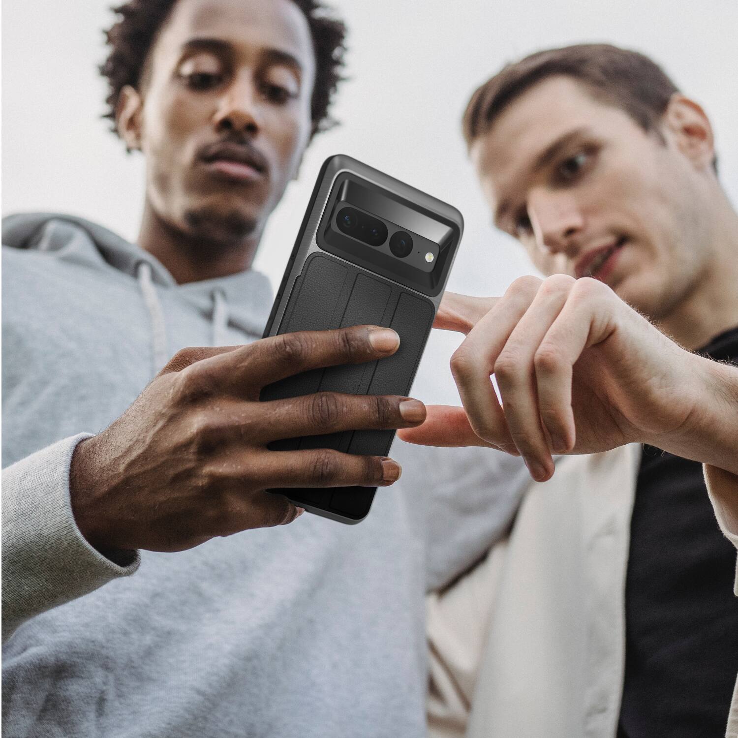 Angle. Vena - vCommute for Google Pixel 7 Pro Wallet Case, Leather Flip Cover with Card Slot and Kickstand - Black - Black.