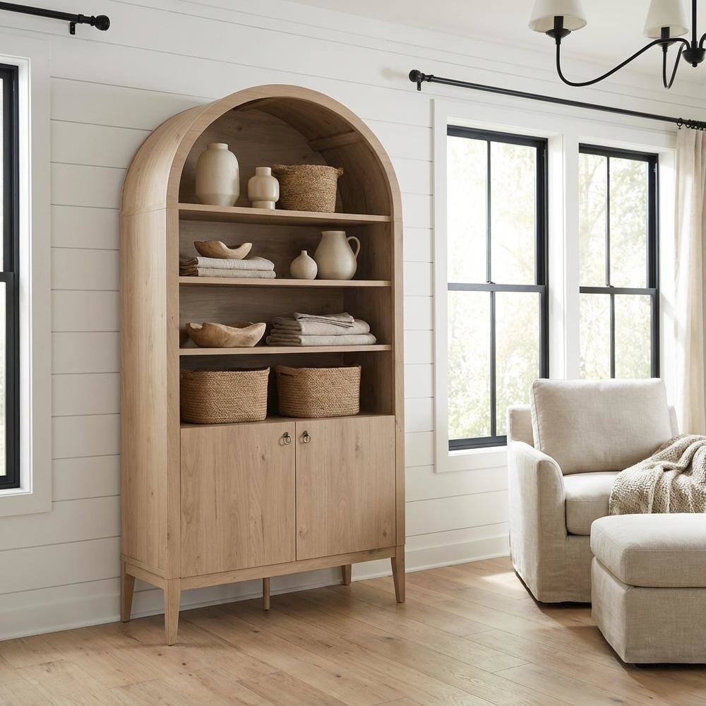 Angle. FurniFact - Brown display cabinet, arched design, engineered wood construction, versatile - Brown.