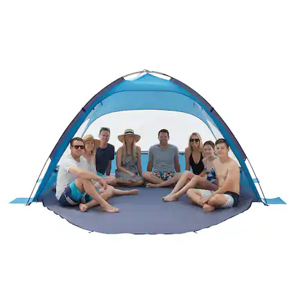Front. VEVOR - Beach Tent Sun Shelter for 8 Person, UPF 50+ Protection, Portable Sun Shade Canopy with Carrying Bag & Sand Pockets - Blue + Grey.