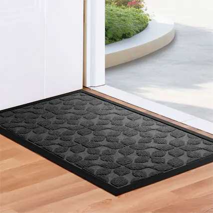 Front. G128 - 17 x 29.5 in Geometric Floral Door Mat, Non-Slip. - Grey.