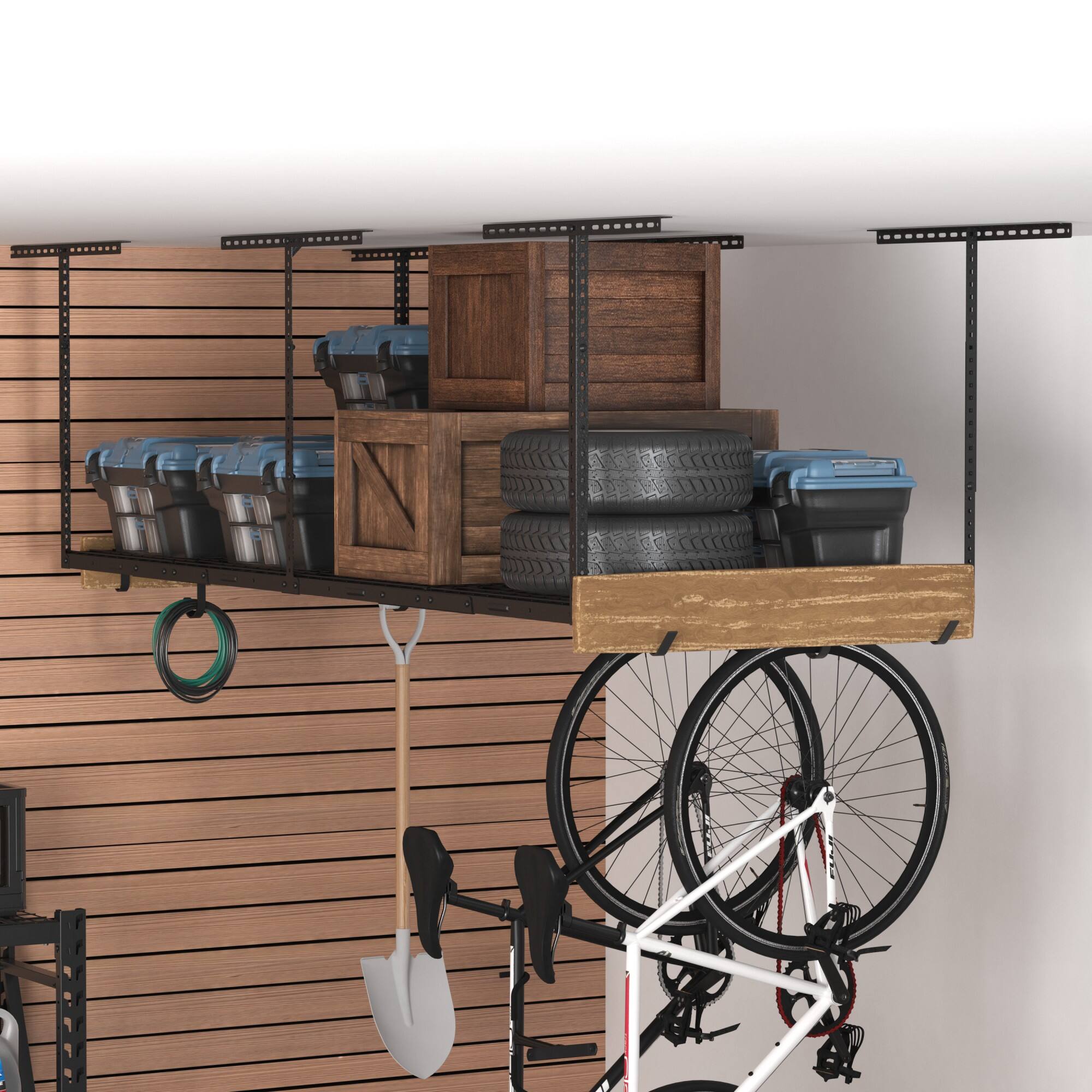 Alt View 6. Fleximounts - OHK Series 36 in. W x 96 in. D x 22-40 in. H Black Ceiling Mounted Overhead Garage Storage Rack with Accessory Hooks - Black.