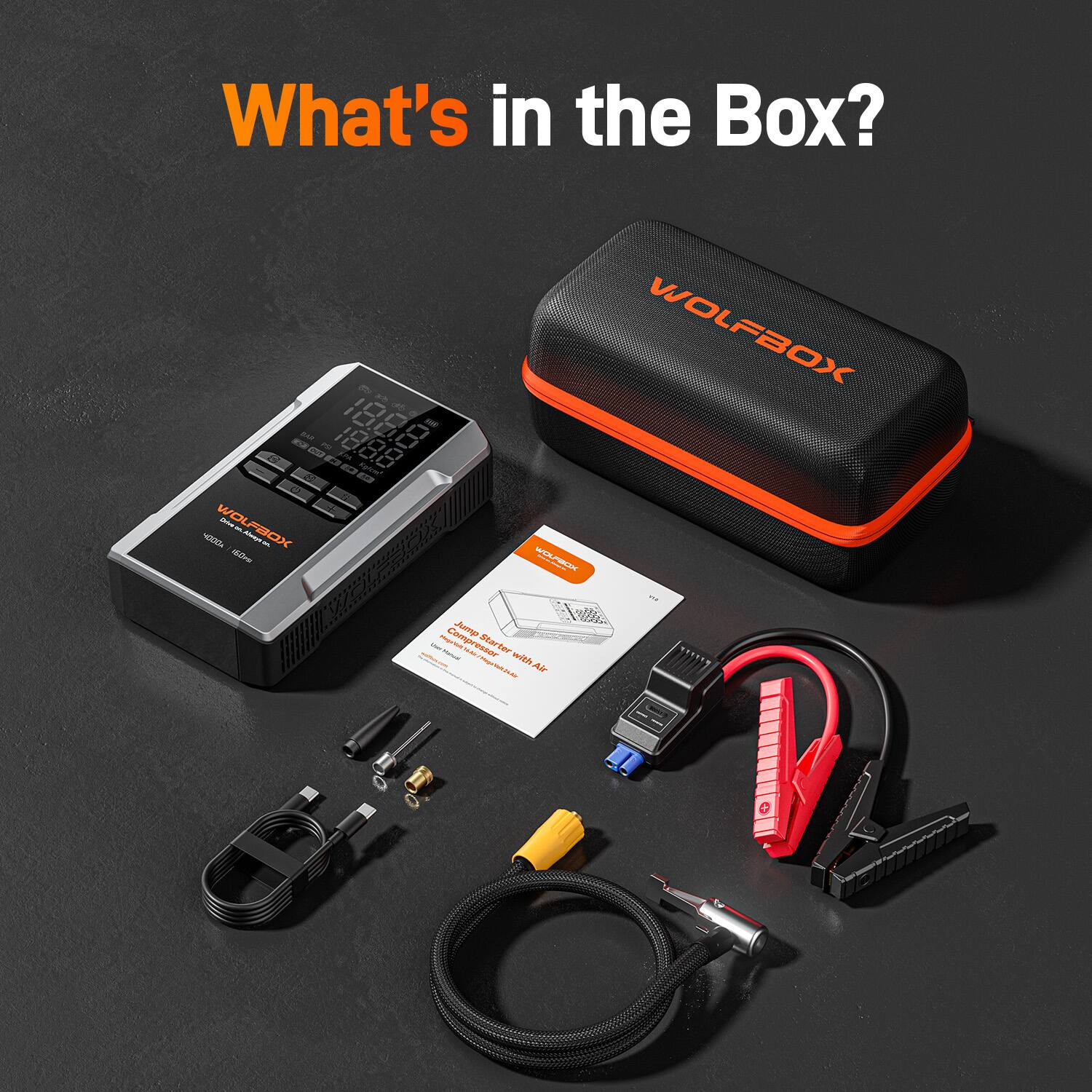 What's in the Box?

- BAP
- a
- a
- naN
- WOLFBOX
- Moura
- F
- WOLFBOX MV/A
- wES Compn
- Jump Narhs
- Compressor
- reusT
- Blarter
- Ter
- with
- MAULE
