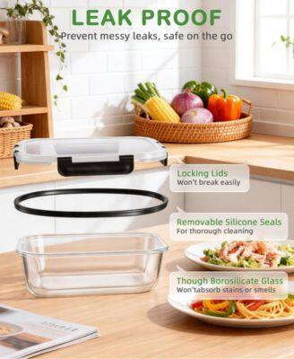 LEAK PROOF  
Prevent messy leaks, safe on the go  
Locking Lids Won't break easily  
Removable Silicone Seals For thorough cleaning  
Though Borosilicate Glass Won't absorb stains or smells