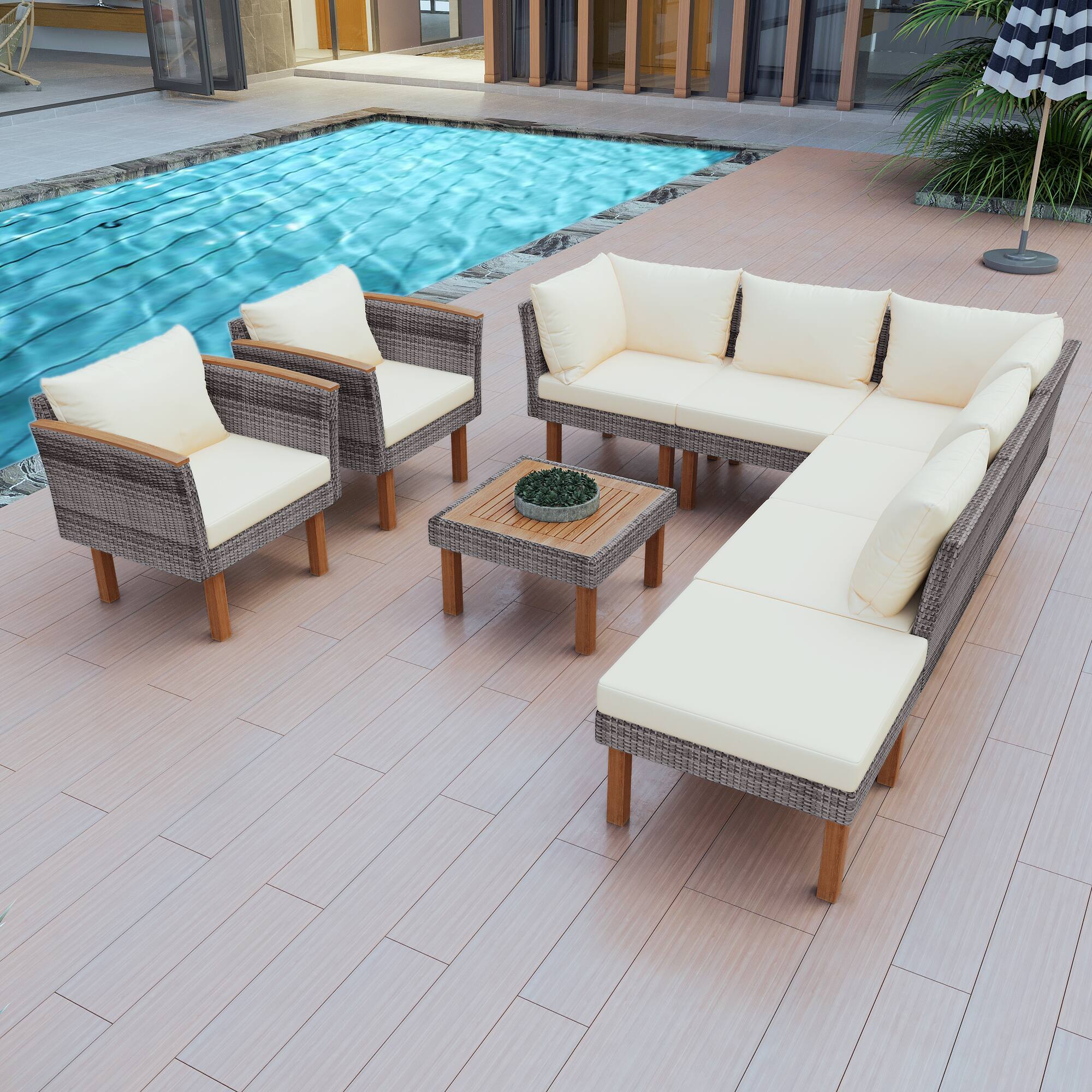 APRILSOUL - GO 9-Piece Patio Rattan Furniture Set Outdoor With Acacia Wood Legs and Tabletop - Beige