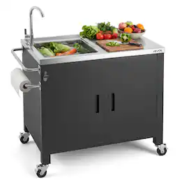 VEVOR - Outdoor Grill Cart with Sink and Storage Cabinet, 38 Inch Grill Table, Waterproof Kitchen Island with Stainless Steel - Black;Silver
