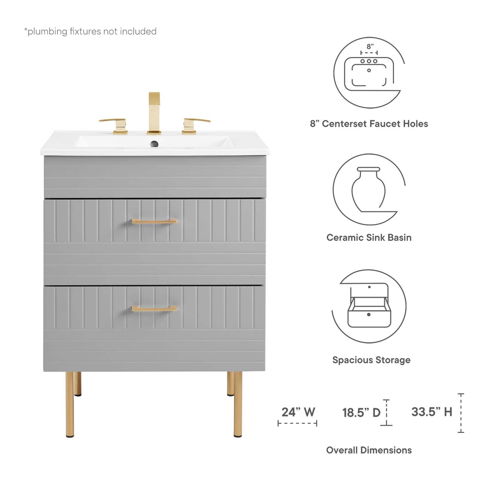 *plumbing fixtures not included

8" Centerset Faucet Holes

Ceramic Sink Basin

Spacious Storage

24" W x 18.5" D x 33.5" H Overall Dimensions