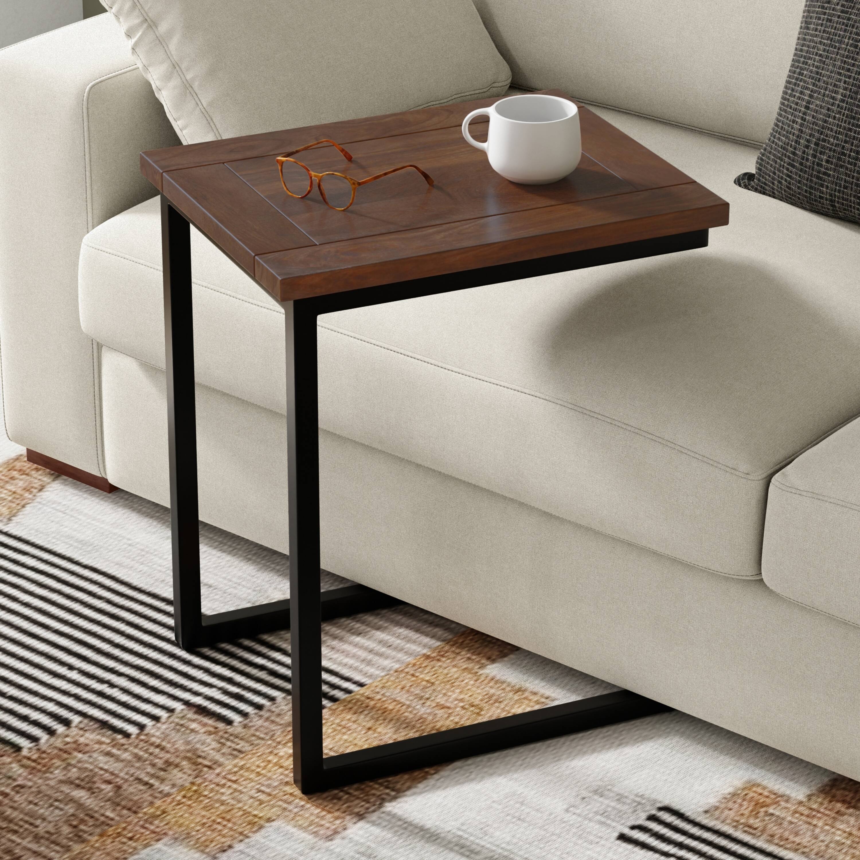 Angle. Simpli Home - Skyler 16 inch Wide Solid Mango/Metal Industrial C Side Table in Walnut Brown/Black, Assembled - Walnut Brown.