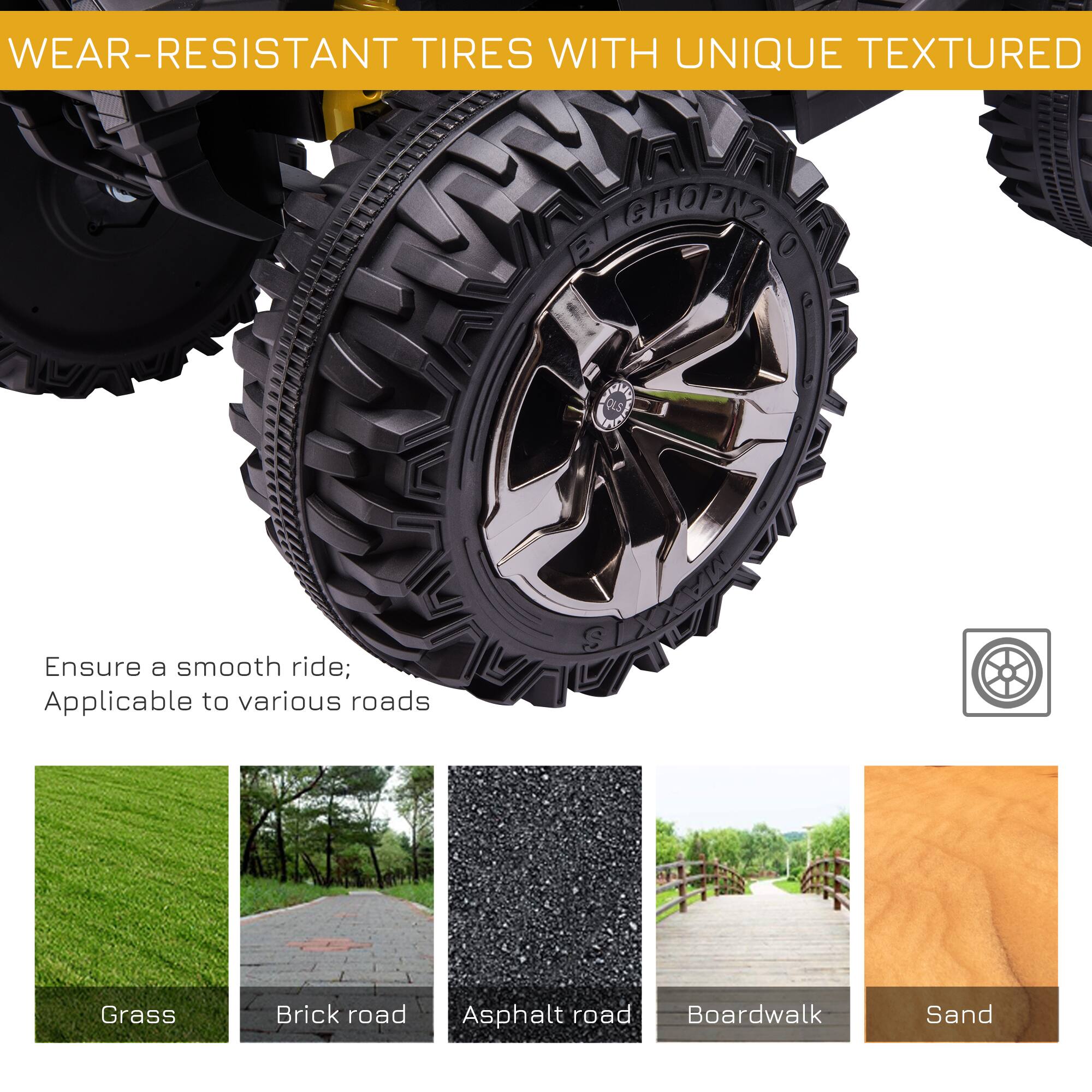 WEAR-RESISTANT TIRES WITH UNIQUE TEXTURED TREAD

Ensure a smooth ride; Applicable to various roads

- Grass
- Brick road
- Asphalt road
- Boardwalk
- Sand