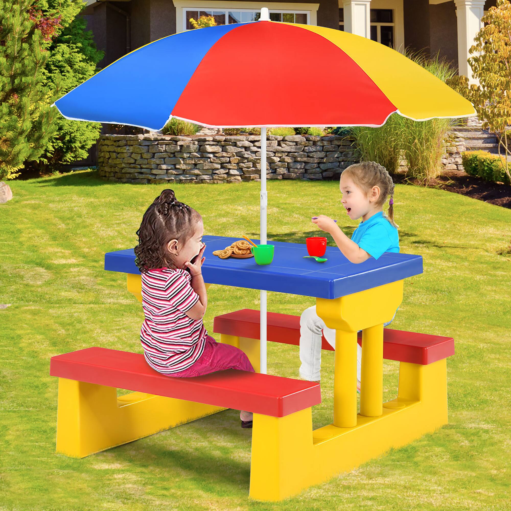 Alt View 1. Costway - Costway Kids Picnic Table Set W/Removable Umbrella Indoor Outdoor Garden Patio - Multicolor.