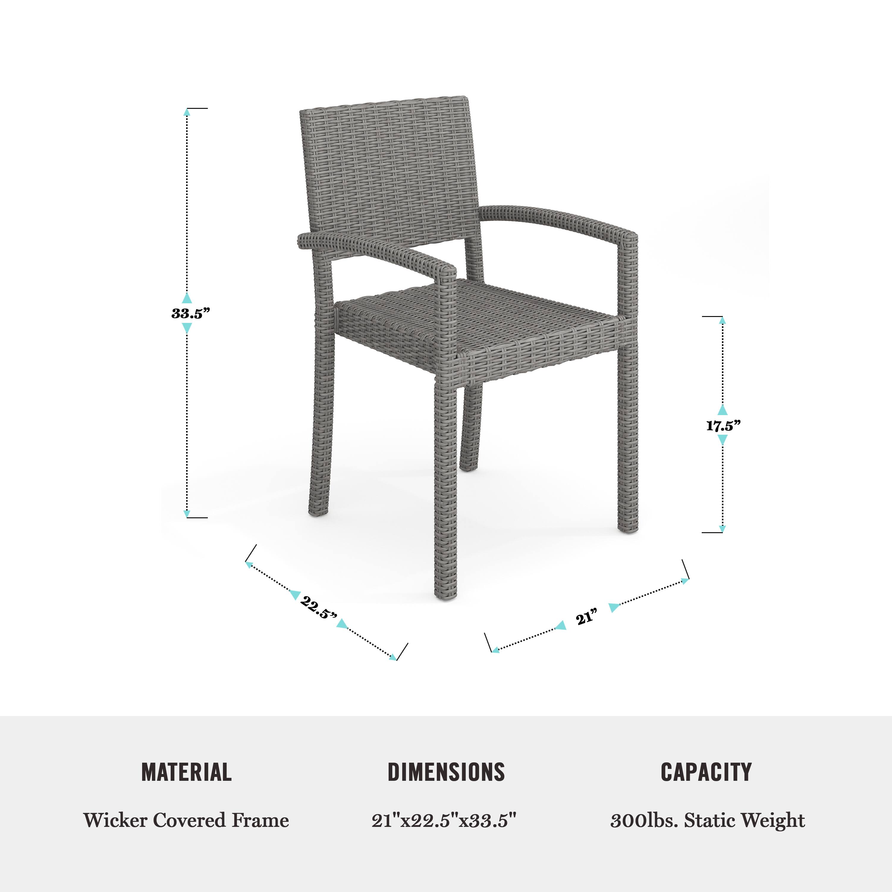 The text on the image is grouped and corrected as follows:

Material: Wicker Covered Frame
Dimensions: 21"x22.5"x33.5"
Capacity: 800lbs. Static Weight