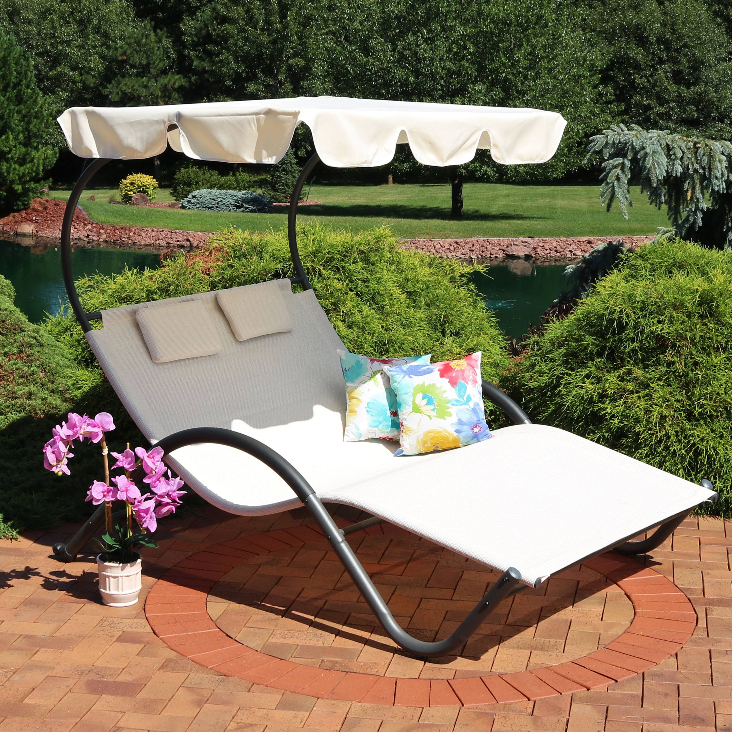 Alt View 3. Sunnydaze - Sling Fabric Double Outdoor Chaise Lounge Bed with Canopy - Off-white.