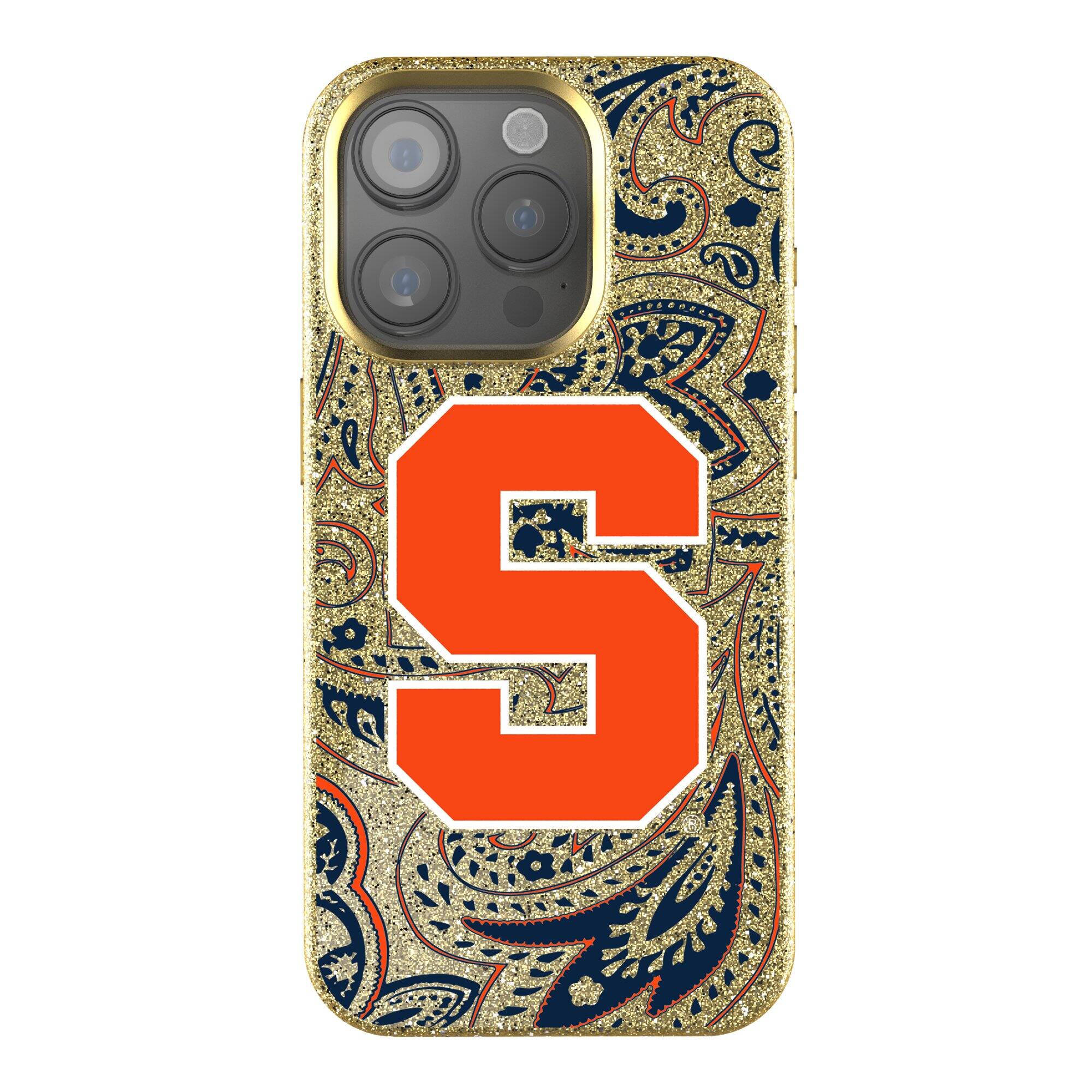 Front. Keyscaper - Syracuse Orange Paisley Bling iPhone Case - 16 Plus - Gold.