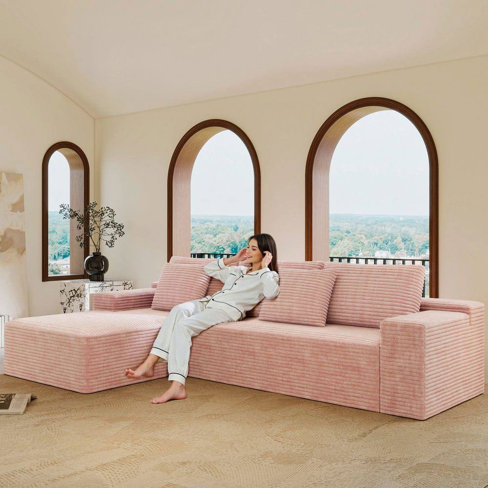 Angle. Kadyn - 104" Right Chaise Modular Sectional, Corduroy Cloud Couch with Deep Seats and No Setup Needed, Pink - Pink.