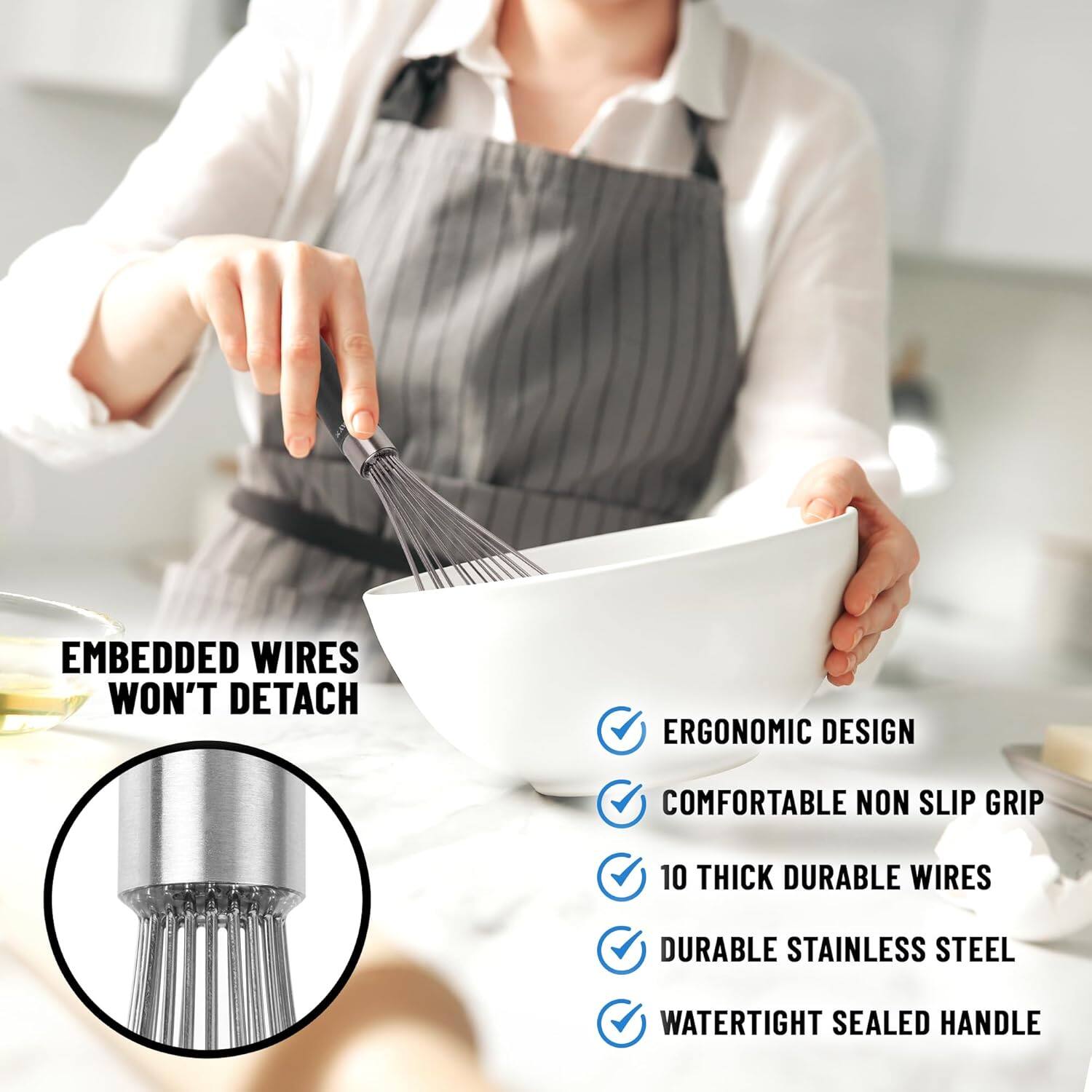 EMBEDDED WIRES WON'T DETACH

- ERGONOMIC DESIGN
- COMFORTABLE NON SLIP GRIP
- 10 THICK DURABLE WIRES
- DURABLE STAINLESS STEEL
- WATERTIGHT SEALED HANDLE