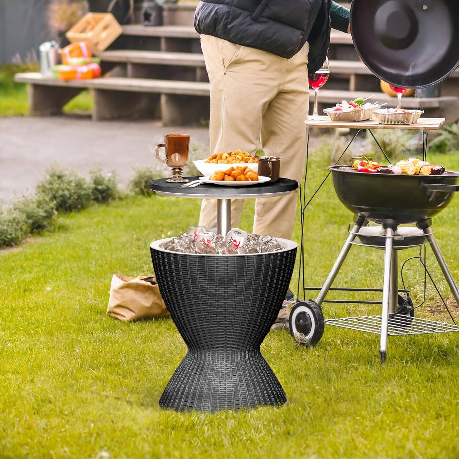 Left. Yardgrace - Outdoor Patio Cooler Bar Table 8Gal With Drain Plug, Adjustable Height Rattan-Style Resin, Pool, Deck, BBQ - Black.