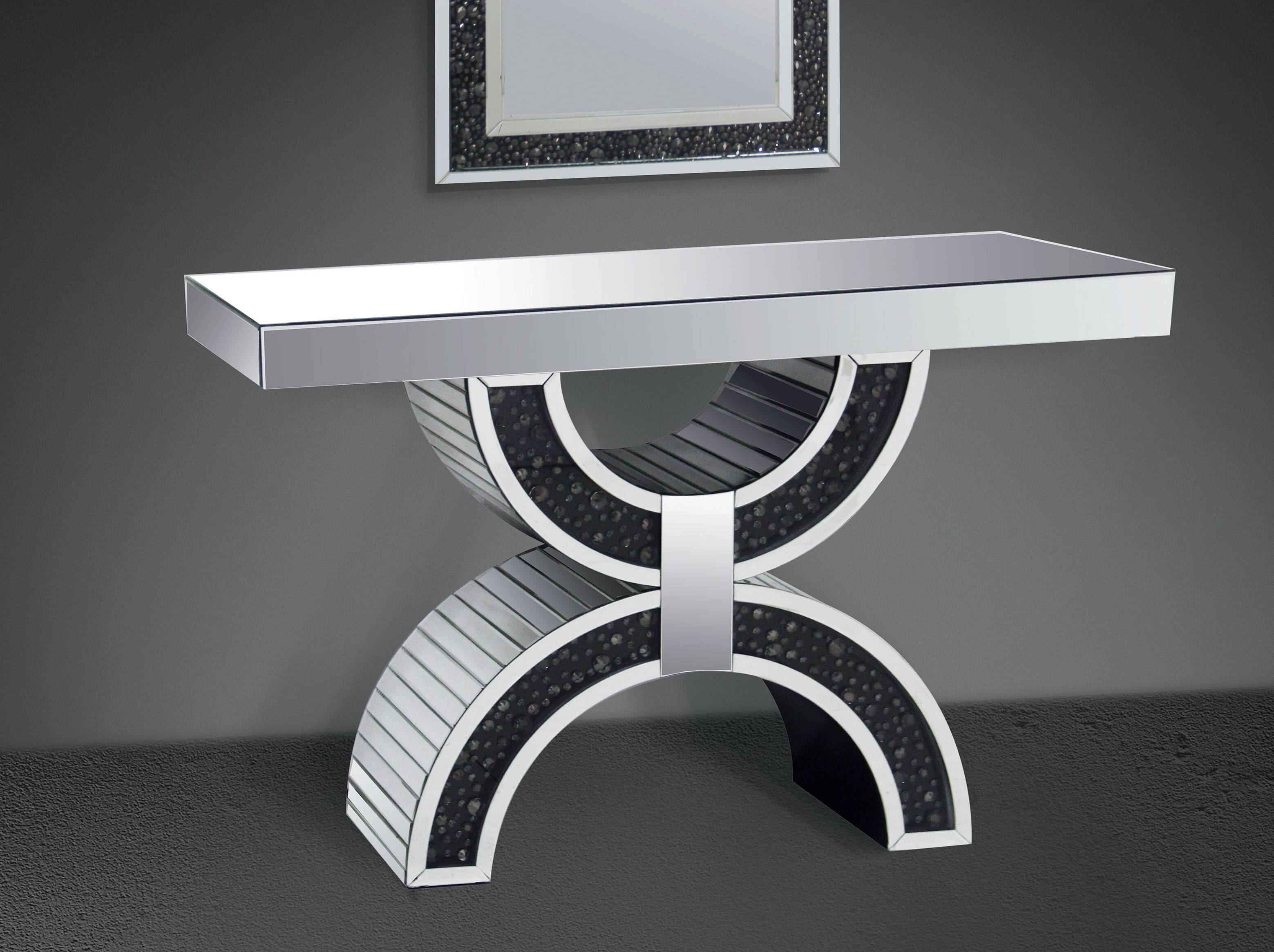 Alt View 5. Manhattan Lane - Wood and Mirror  Console Table with Geometric Style Base, Clear and Black - Black and Clear.