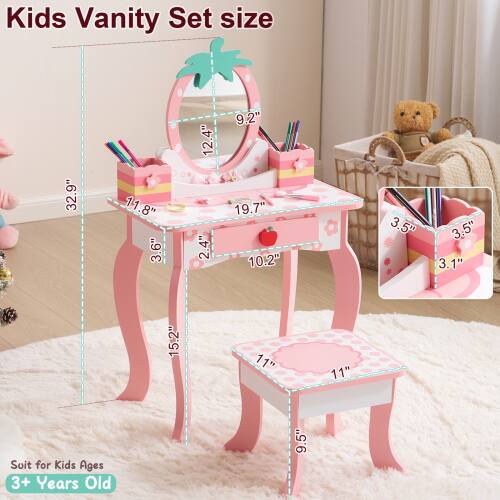 Kids Vanity Set size 32.9" x 11.8" x 3.6" 12.4" x 2.4" 9.2" 19.7" x 10.2" 3.5" 3.5" 3.1" 15.2" 11" 11" 9.5"  
Suit for Kids Ages 3+ Years Old