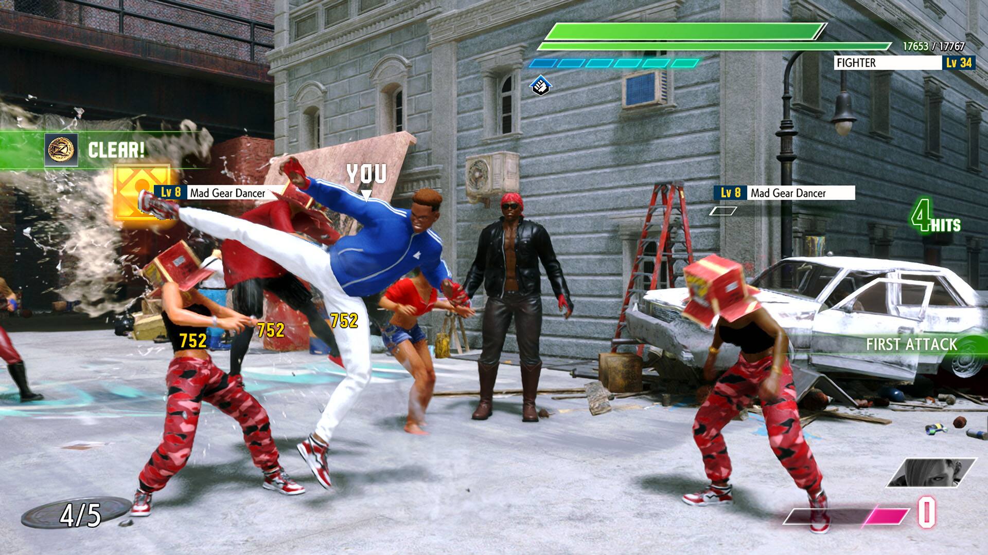 Fighter 17653 / 17767 Lv 34 mil CLEAR! Lv 8 Mad Gear Dancer YOU Lv 8 Mad Gear Dancer 4 HITS 752 752 752 FIRST ATTACK 4/5 O