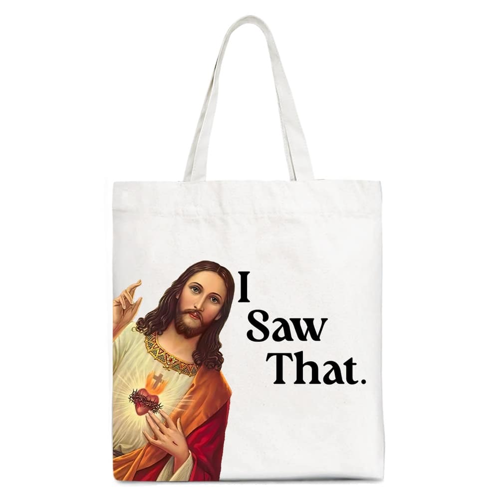 OrnamentallyYou - Jesus I Saw That Canvas Tote Bag, Whimsical Christians Gift Shopper - White