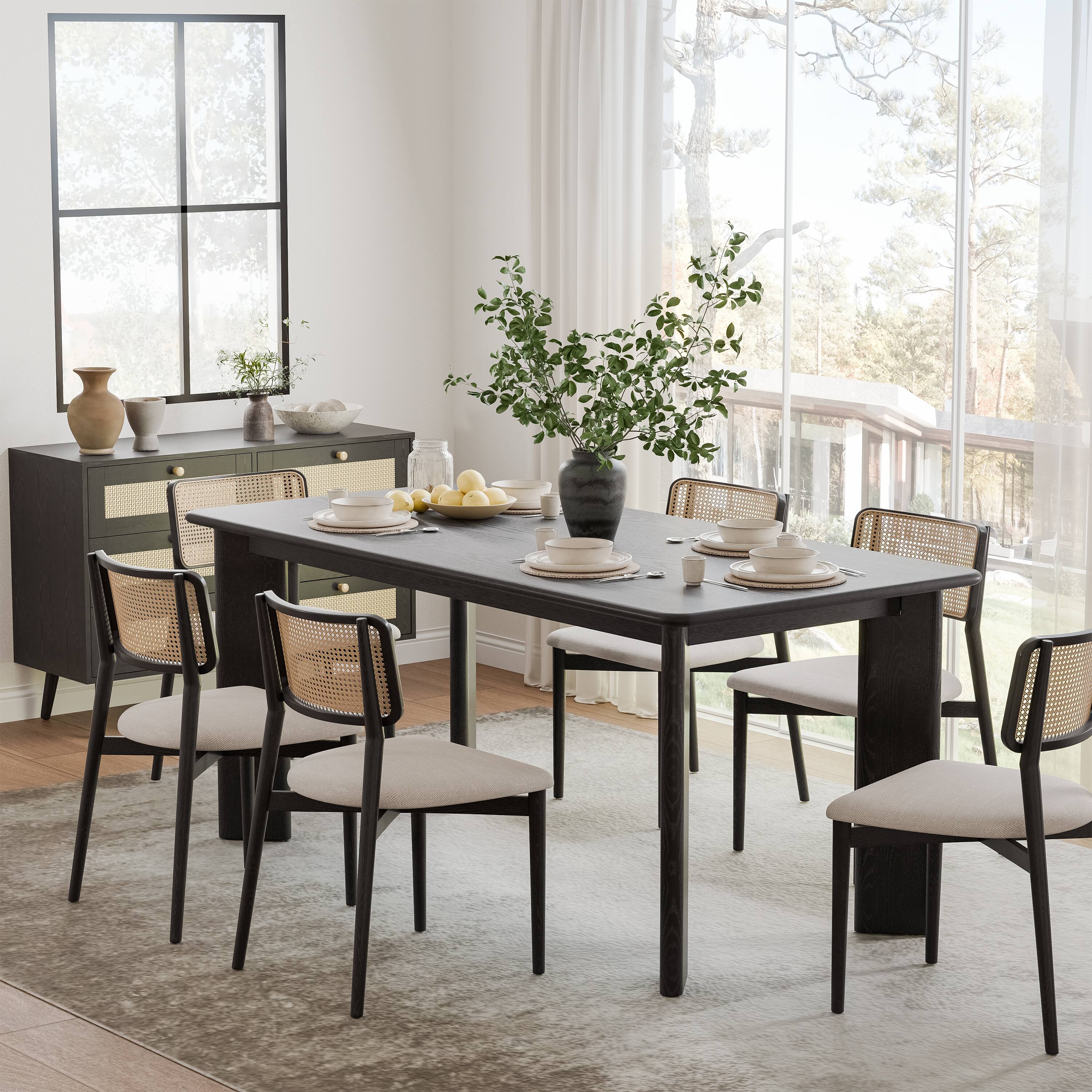 Alt View 1. Lirago - 67" Tapered-Leg Square Dining Table - Black Finish Solid Wood, Seats 6, Elegant Kitchen Dining Table for Home Use - Black.