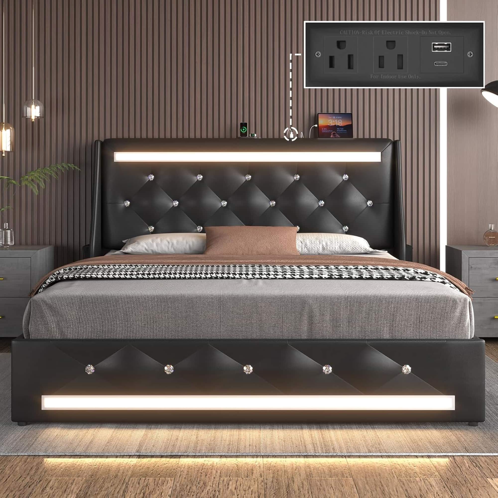LUCKY ONE - Queen Size Upholstered Bed Frame with LED Lights and Charging Station - Black
