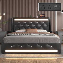 LUCKY ONE - Full Size Upholstered Bed Frame with LED Lights and Charging Station - Black